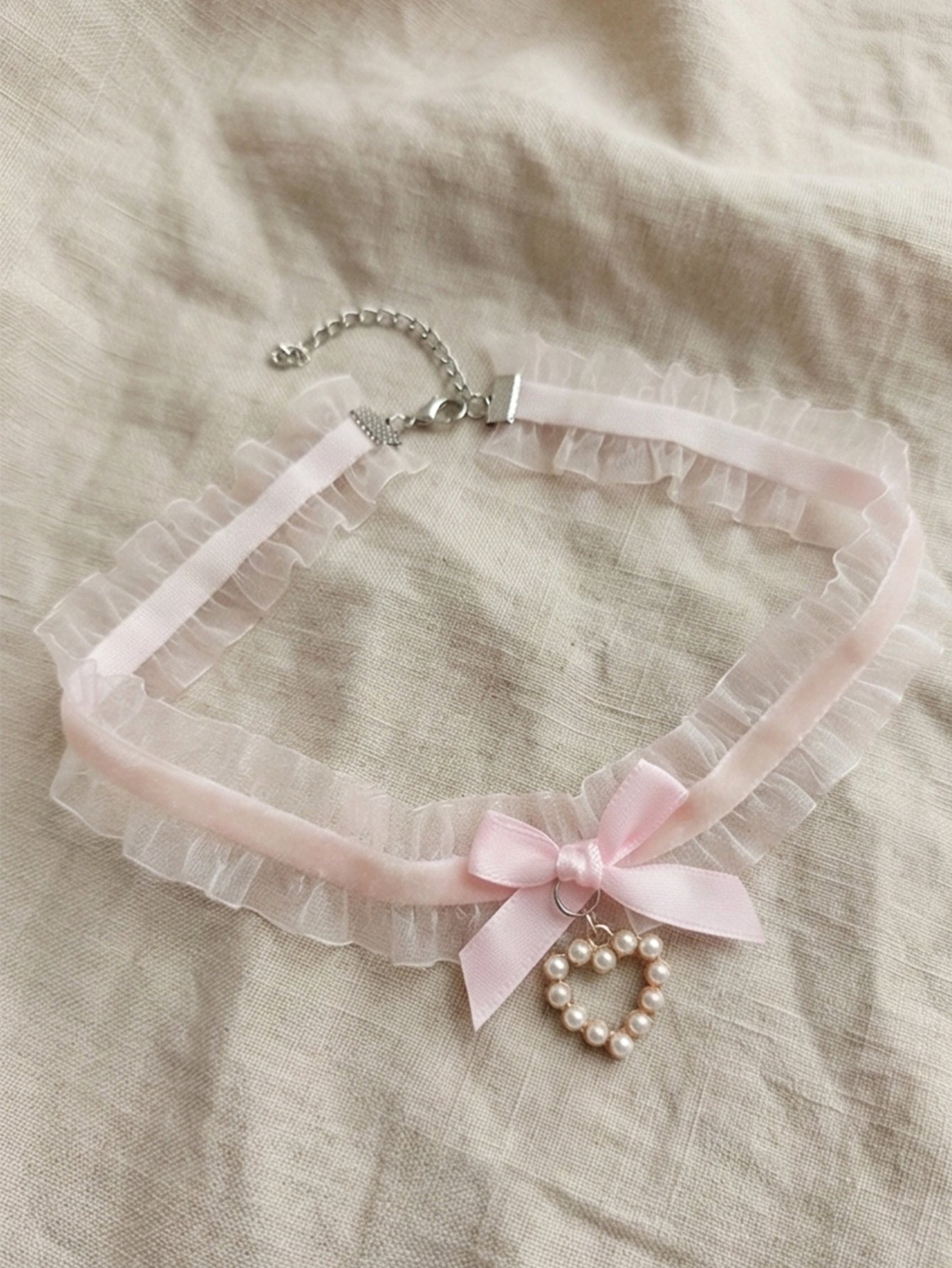 Lace Bow Faux Pearl Heart Choker Necklace