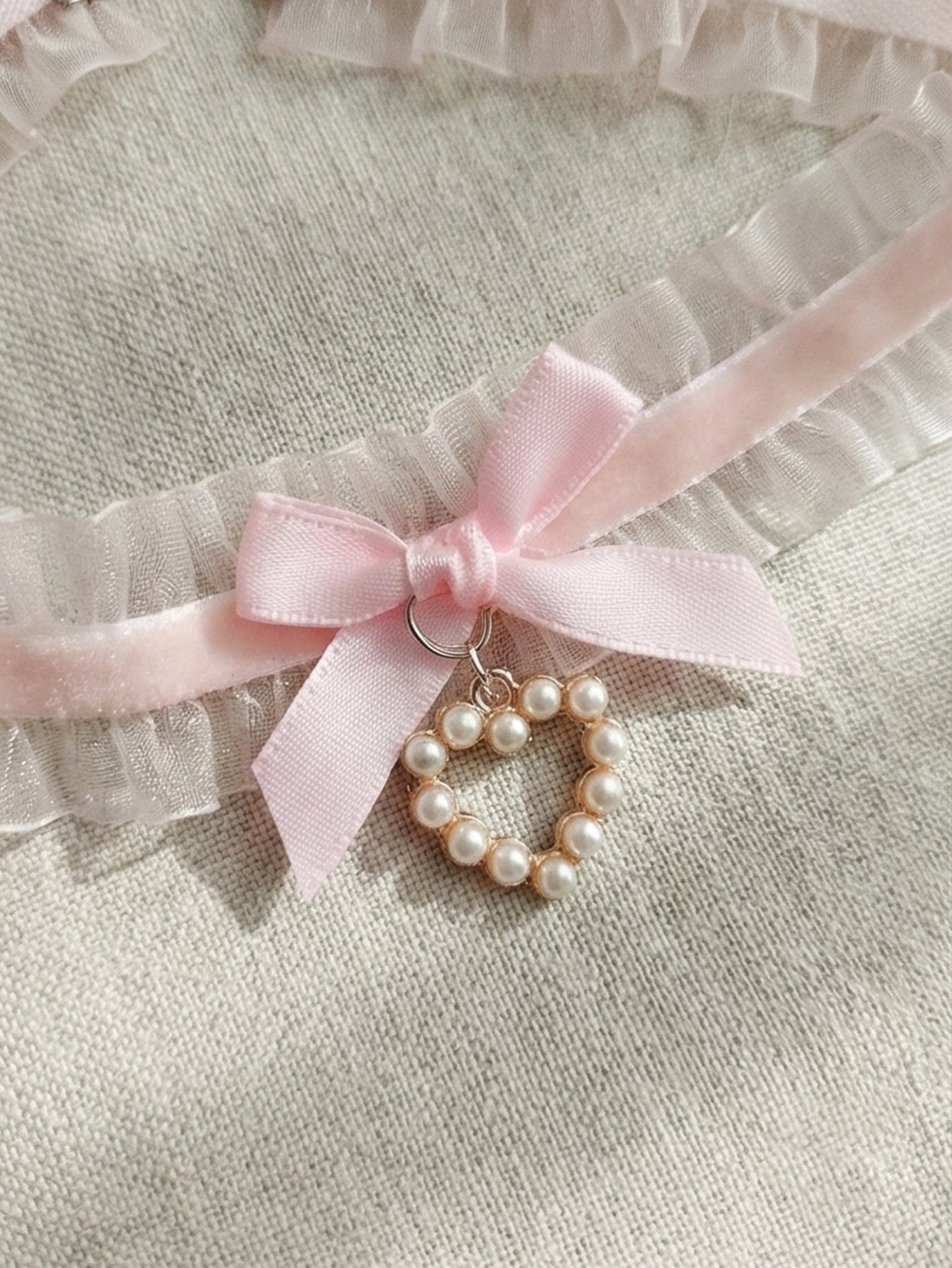 Lace Bow Faux Pearl Heart Choker Necklace