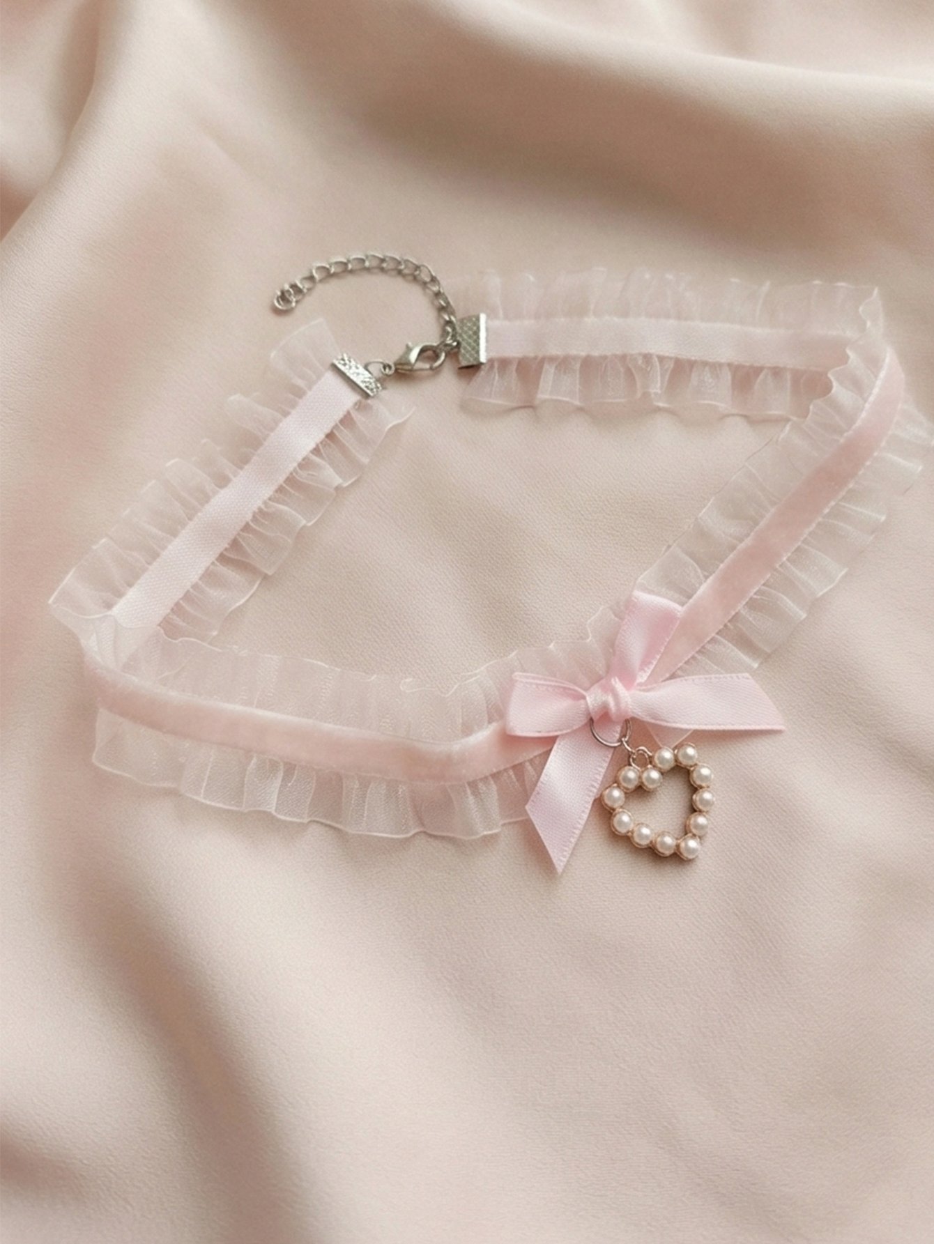 Lace Bow Faux Pearl Heart Choker Necklace