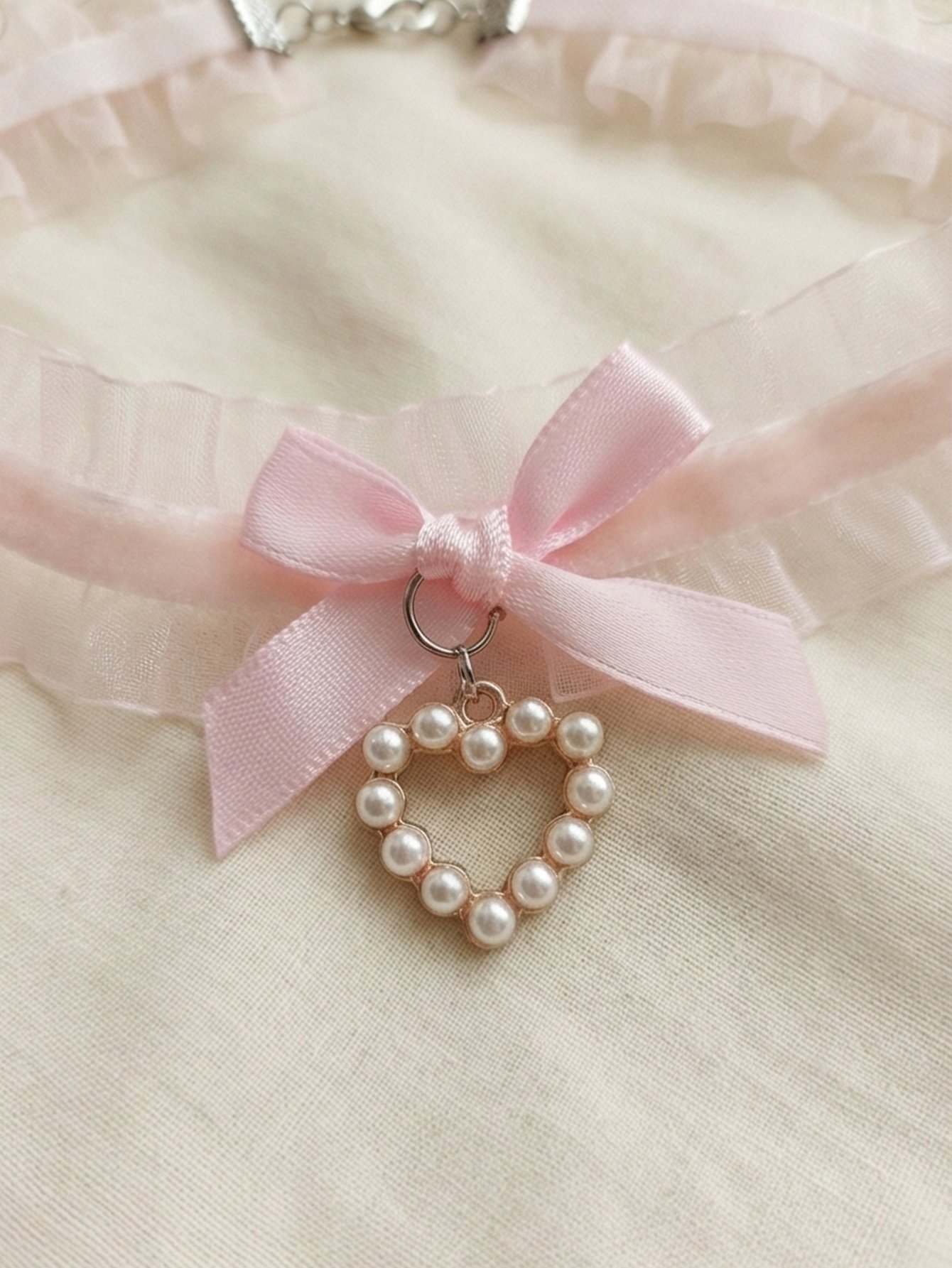Lace Bow Faux Pearl Heart Choker Necklace