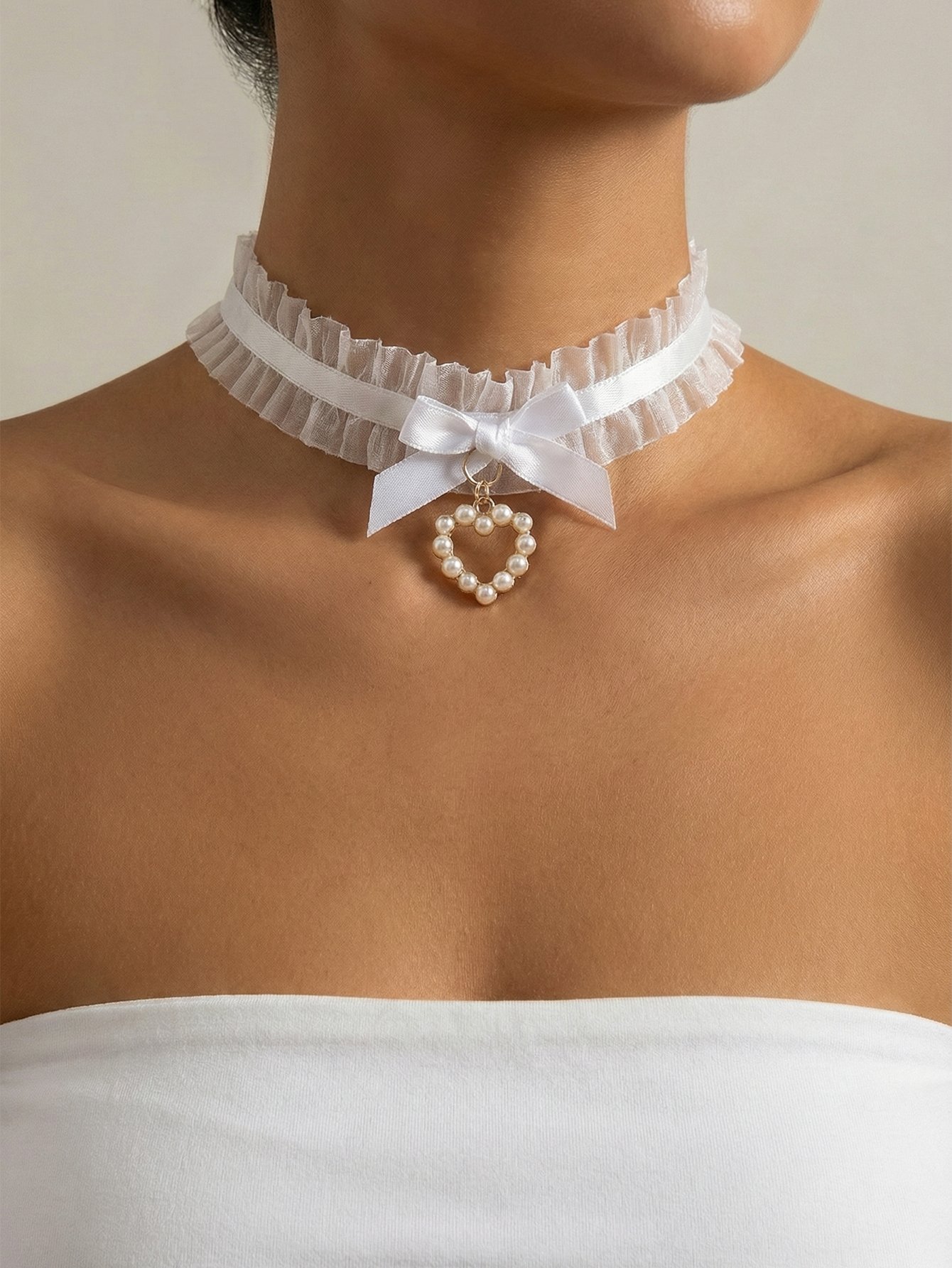 Lace Bow Faux Pearl Heart Choker Necklace