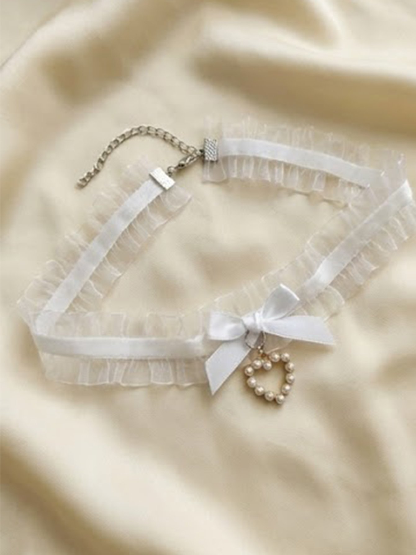 Lace Bow Faux Pearl Heart Choker Necklace