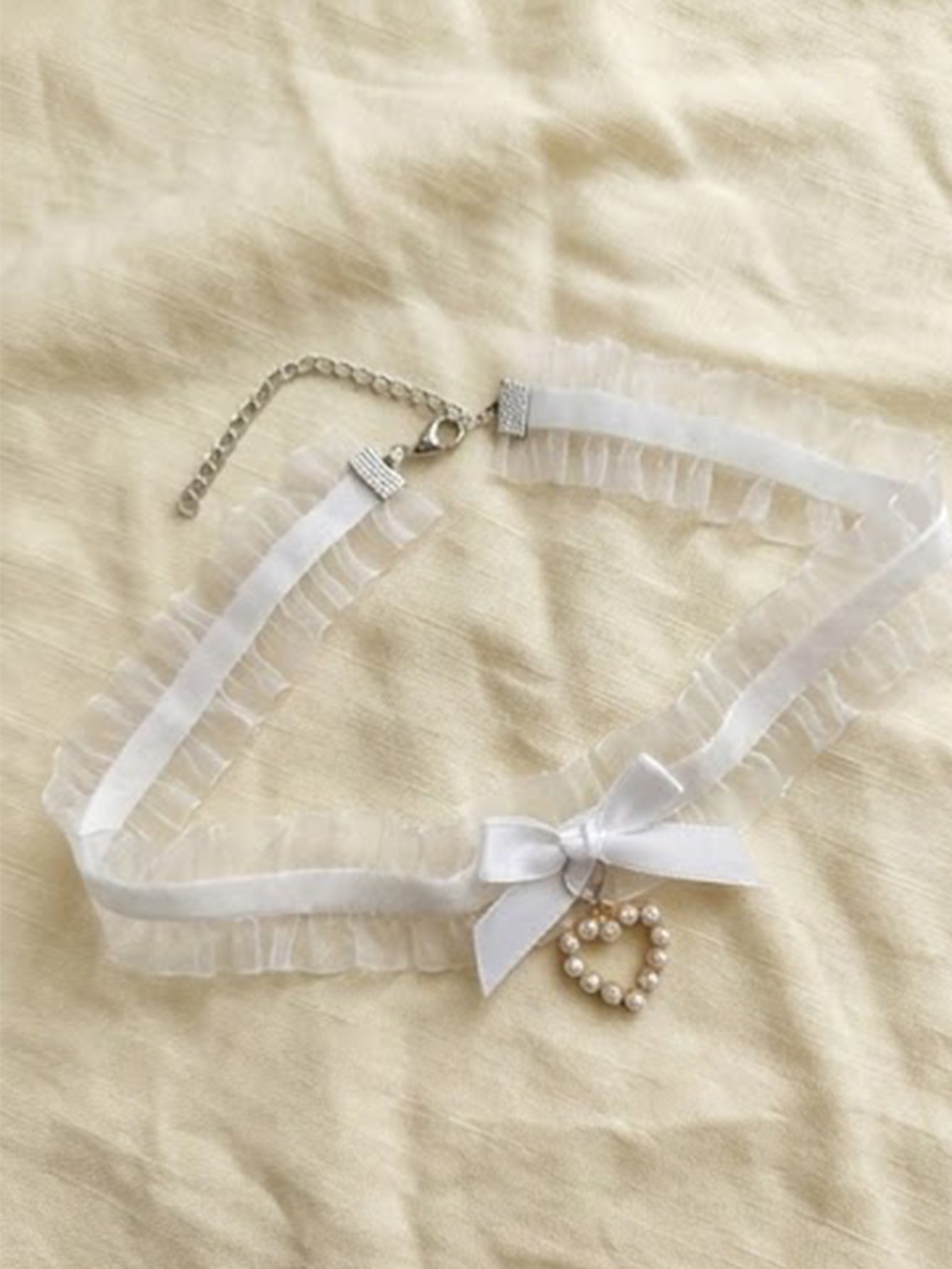 Lace Bow Faux Pearl Heart Choker Necklace