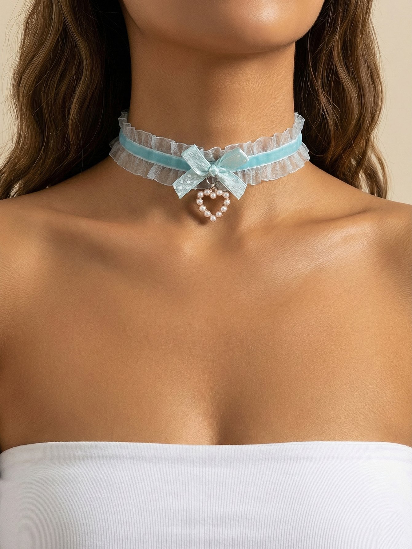 Lace Bow Faux Pearl Heart Choker Necklace