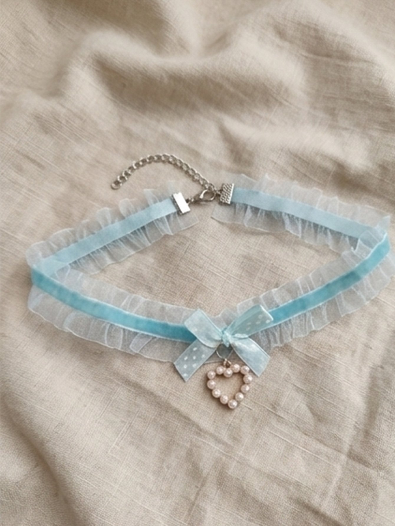 Lace Bow Faux Pearl Heart Choker Necklace
