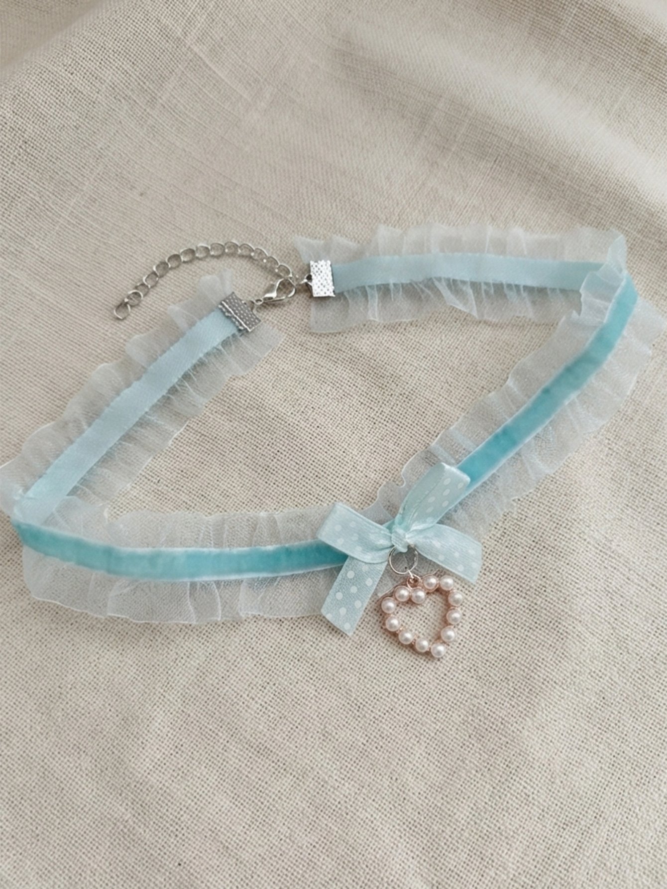 Lace Bow Faux Pearl Heart Choker Necklace
