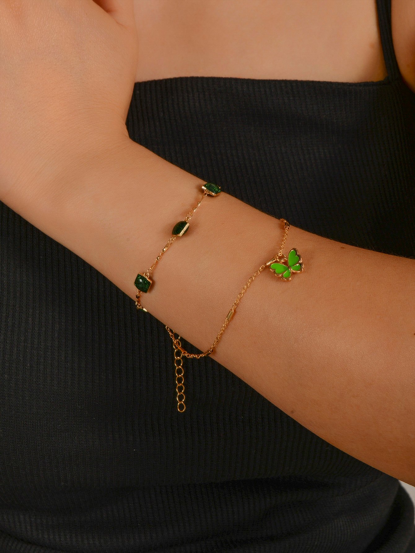Gold Tone Green Gem and Butterfly Multistrand Bracelet