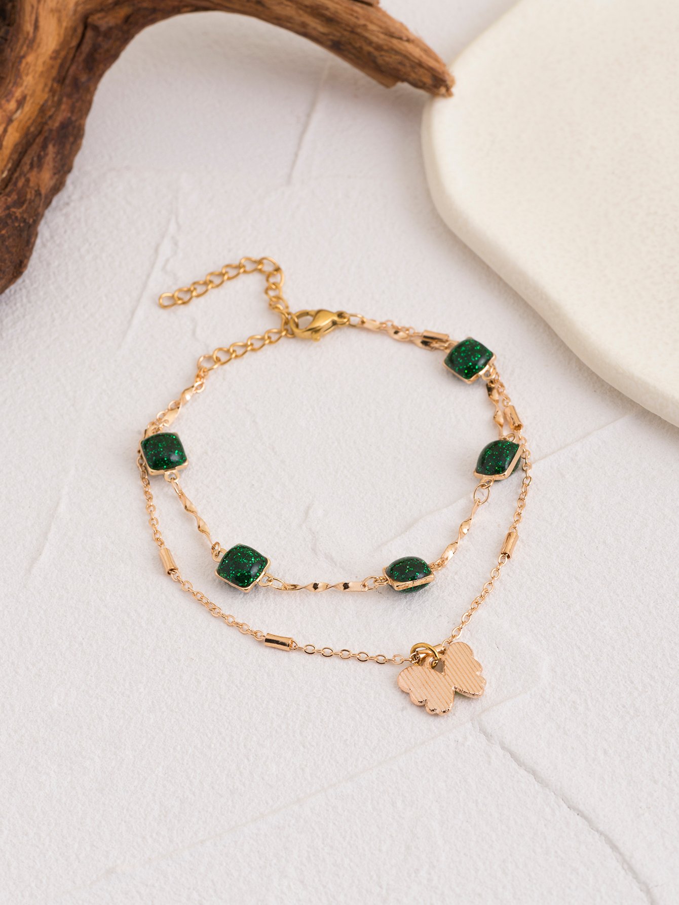 Gold Tone Green Gem and Butterfly Multistrand Bracelet