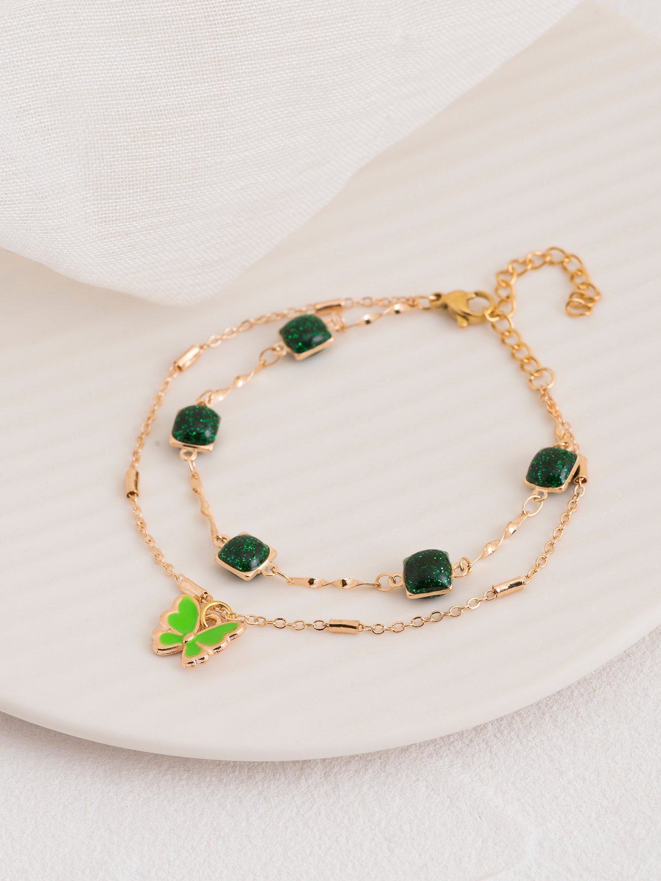 Gold Tone Green Gem and Butterfly Multistrand Bracelet