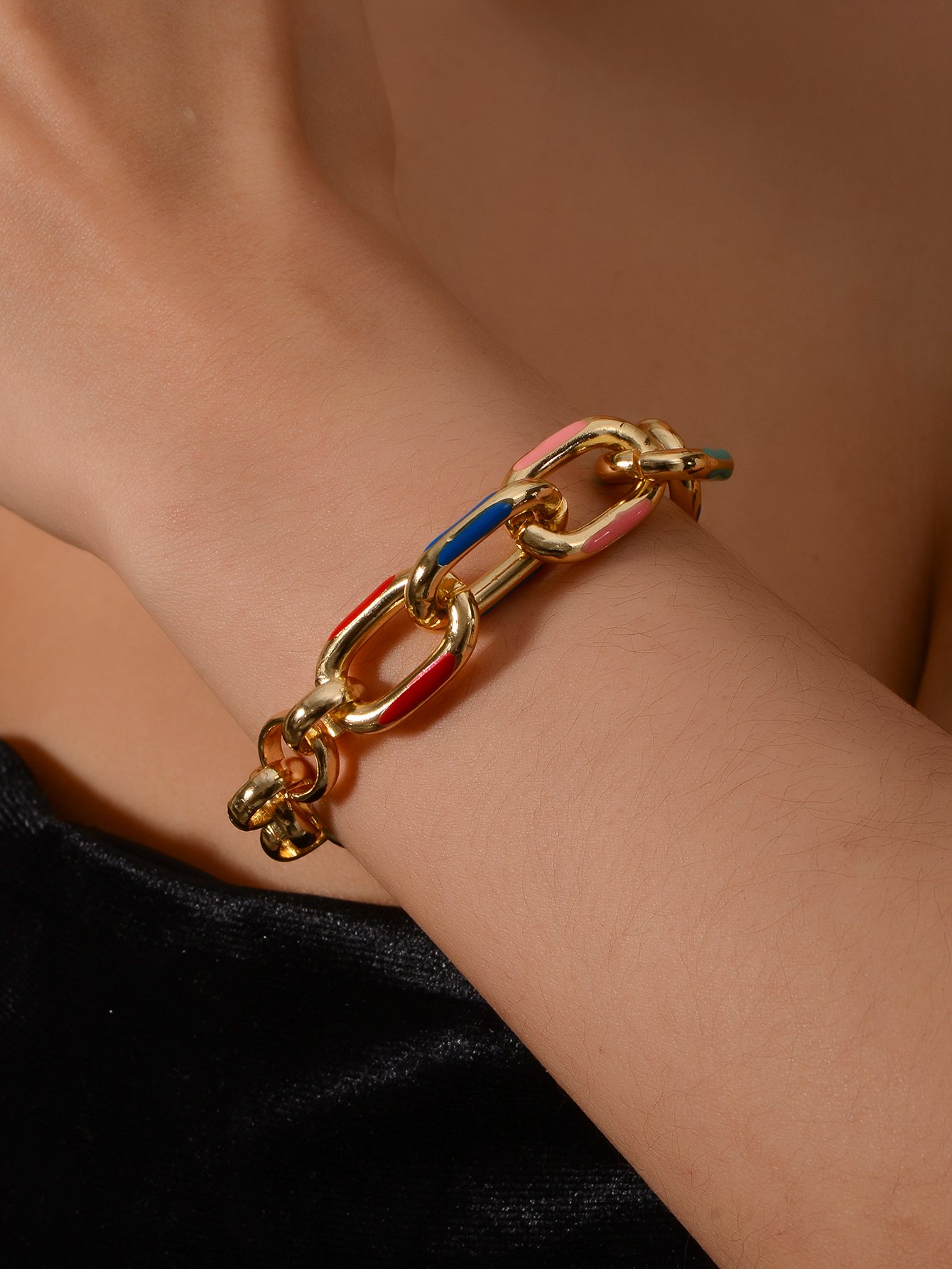 Gold Tone Enamel Link Chain Bracelet
