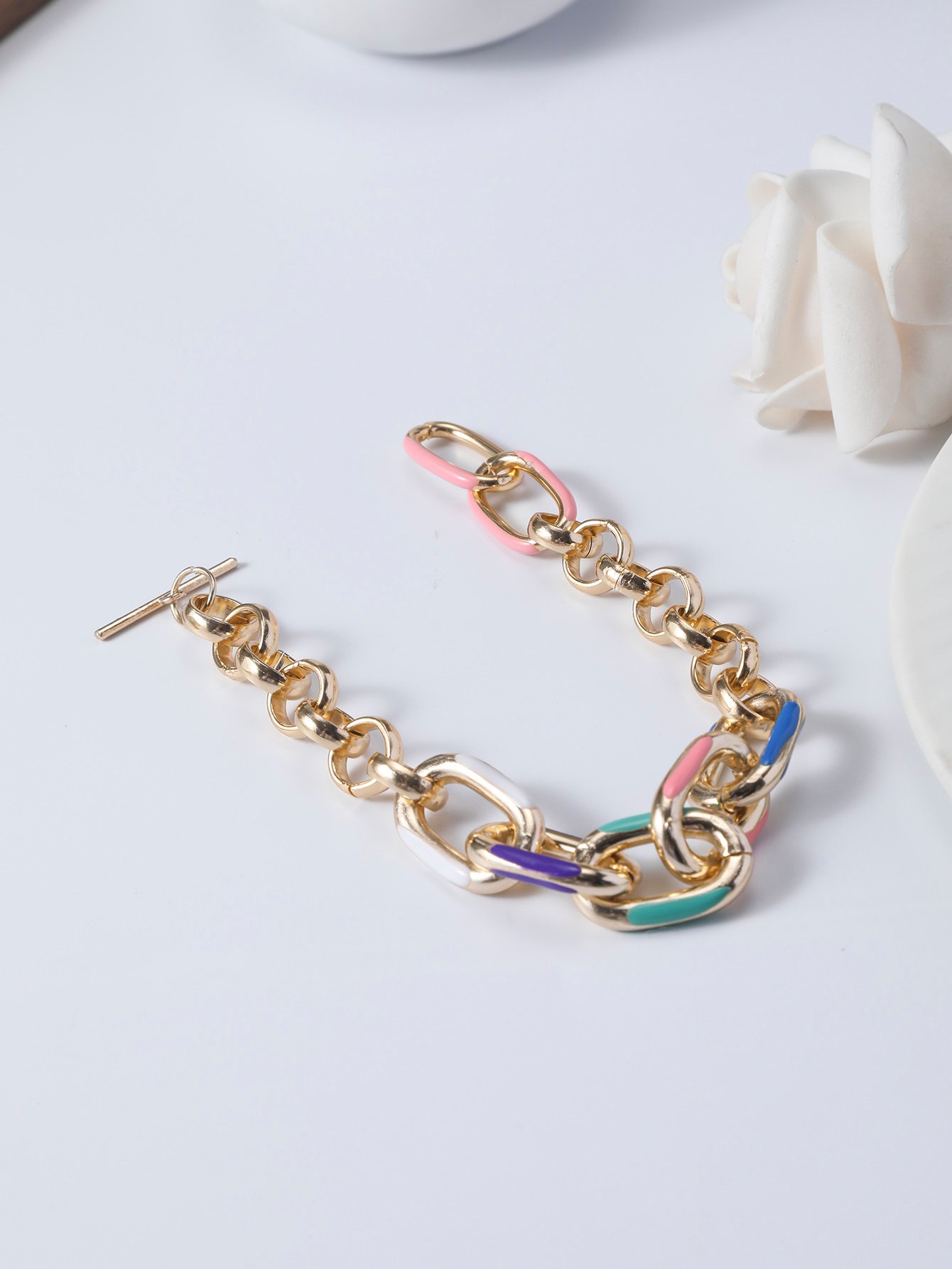 Gold Tone Enamel Link Chain Bracelet