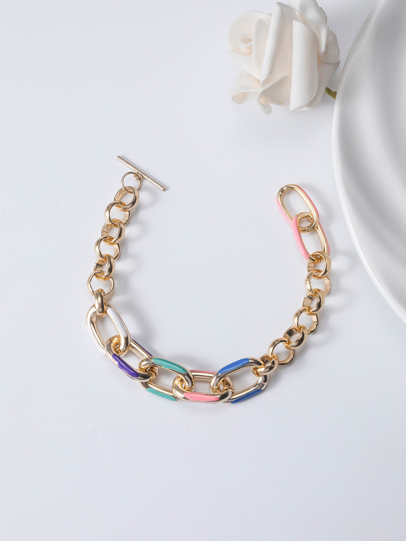 Gold Tone Enamel Link Chain Bracelet