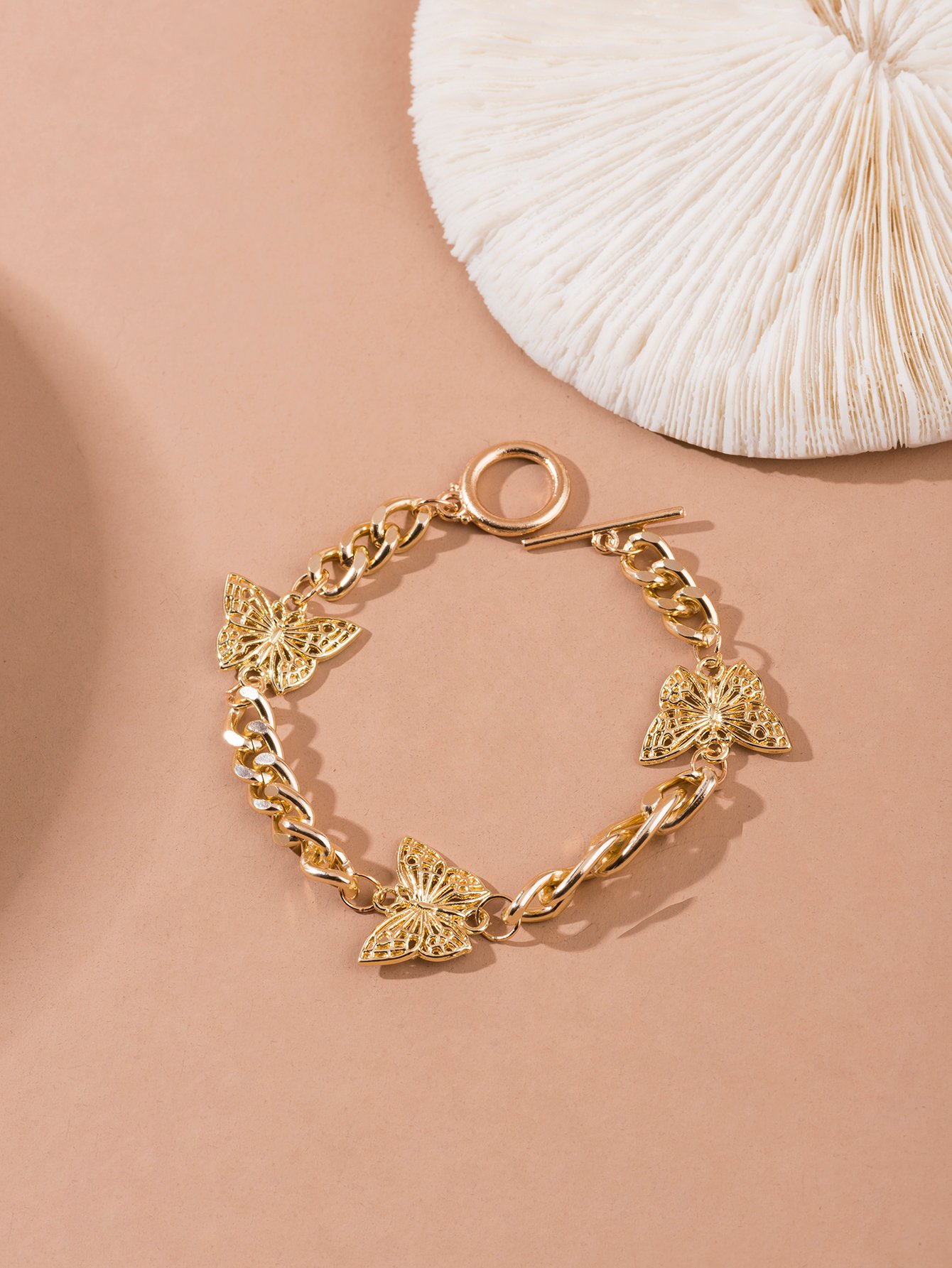 Gold Tone Butterfly Charm Link Bracelet