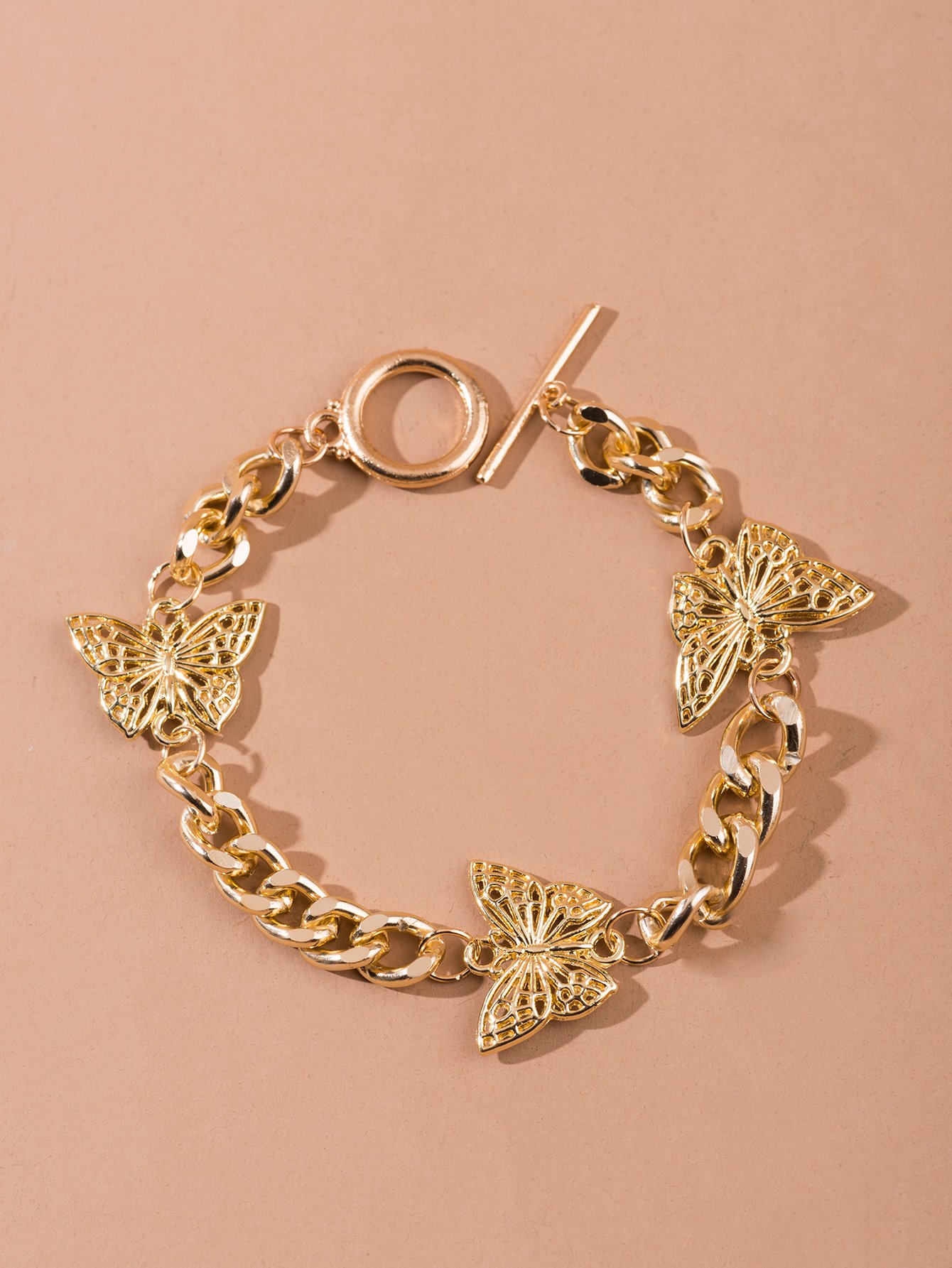 Gold Tone Butterfly Charm Link Bracelet
