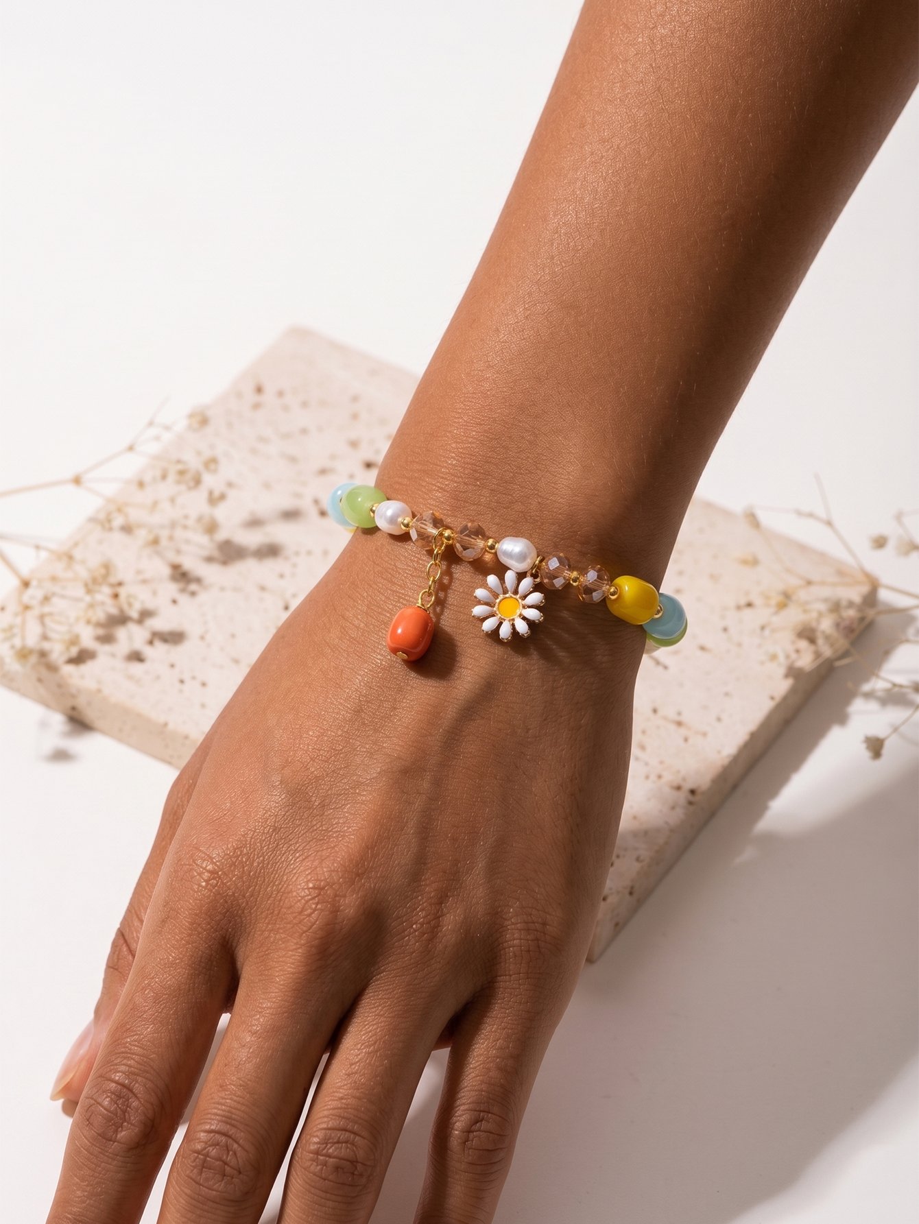 Multi-Color Beaded Daisy Charm Bracelet