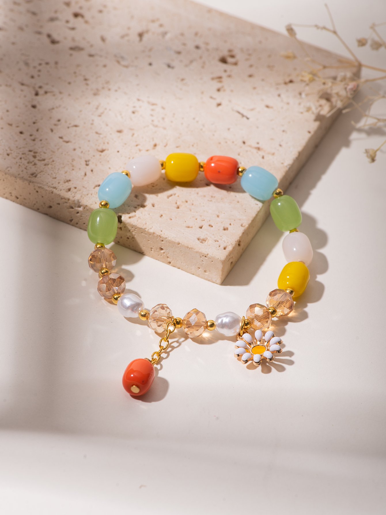 Multi-Color Beaded Daisy Charm Bracelet