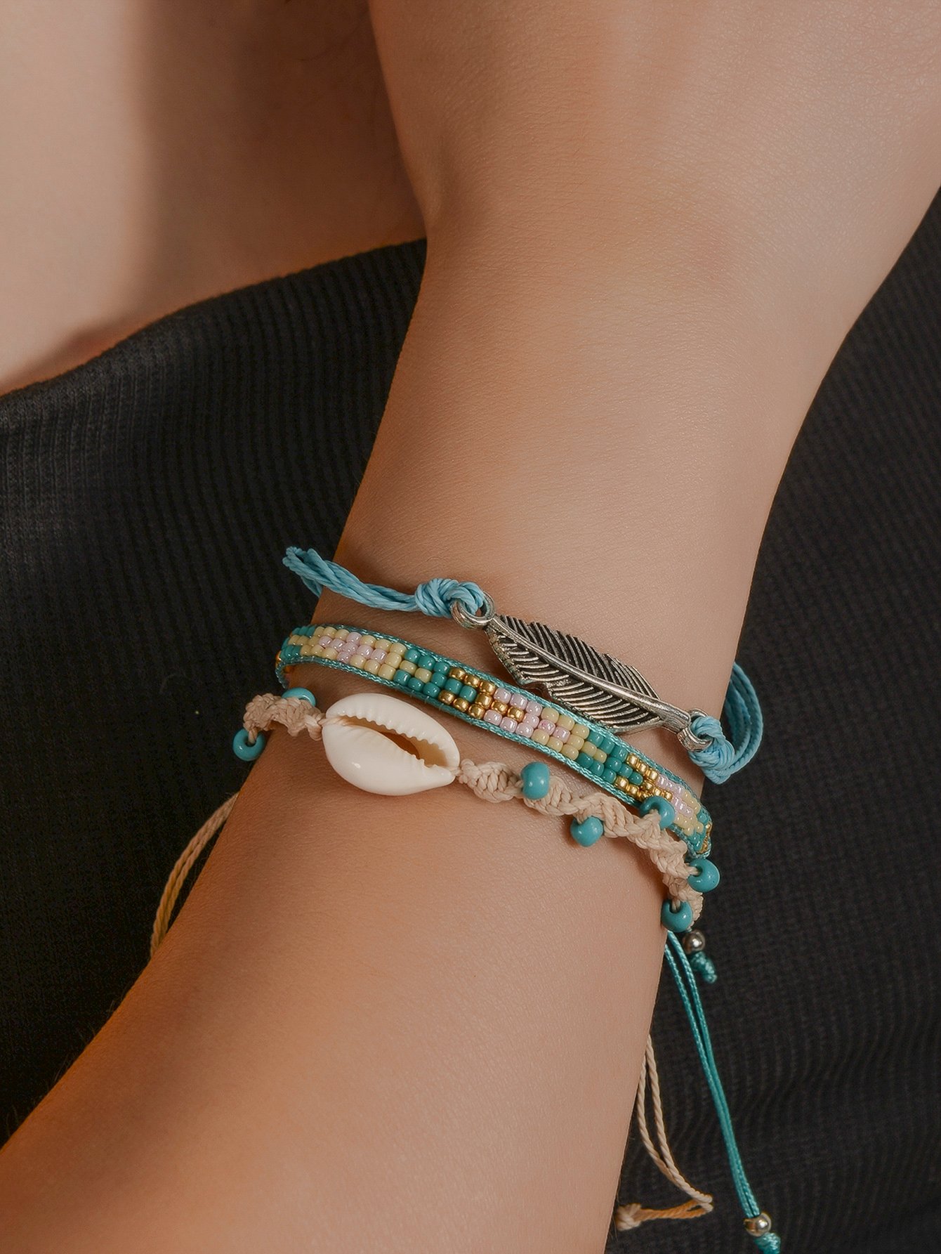 Pack of 3 - Feather and Shell Charms Woven Bracelets