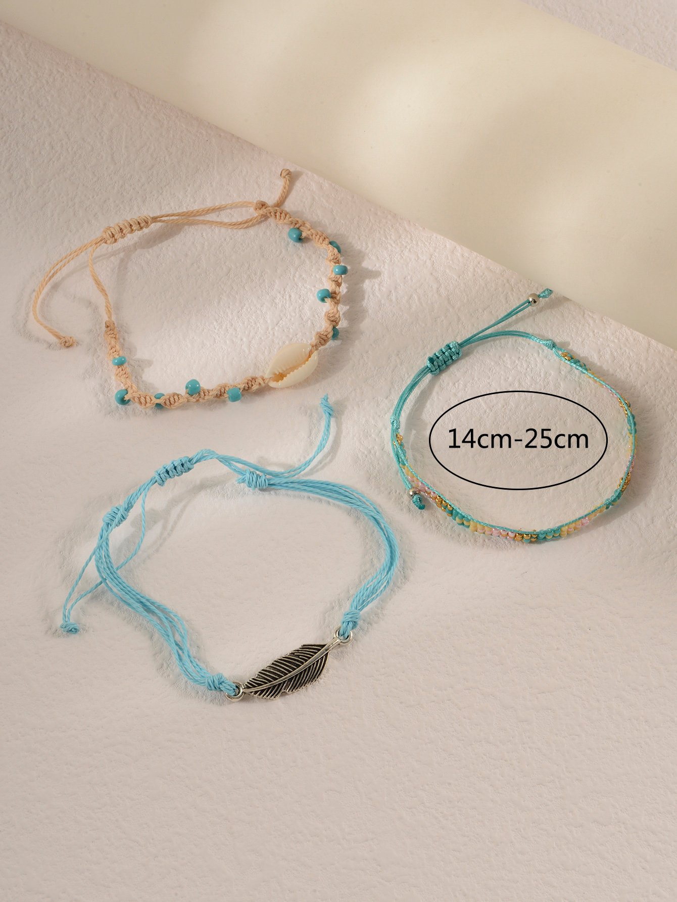 Pack of 3 - Feather and Shell Charms Woven Bracelets