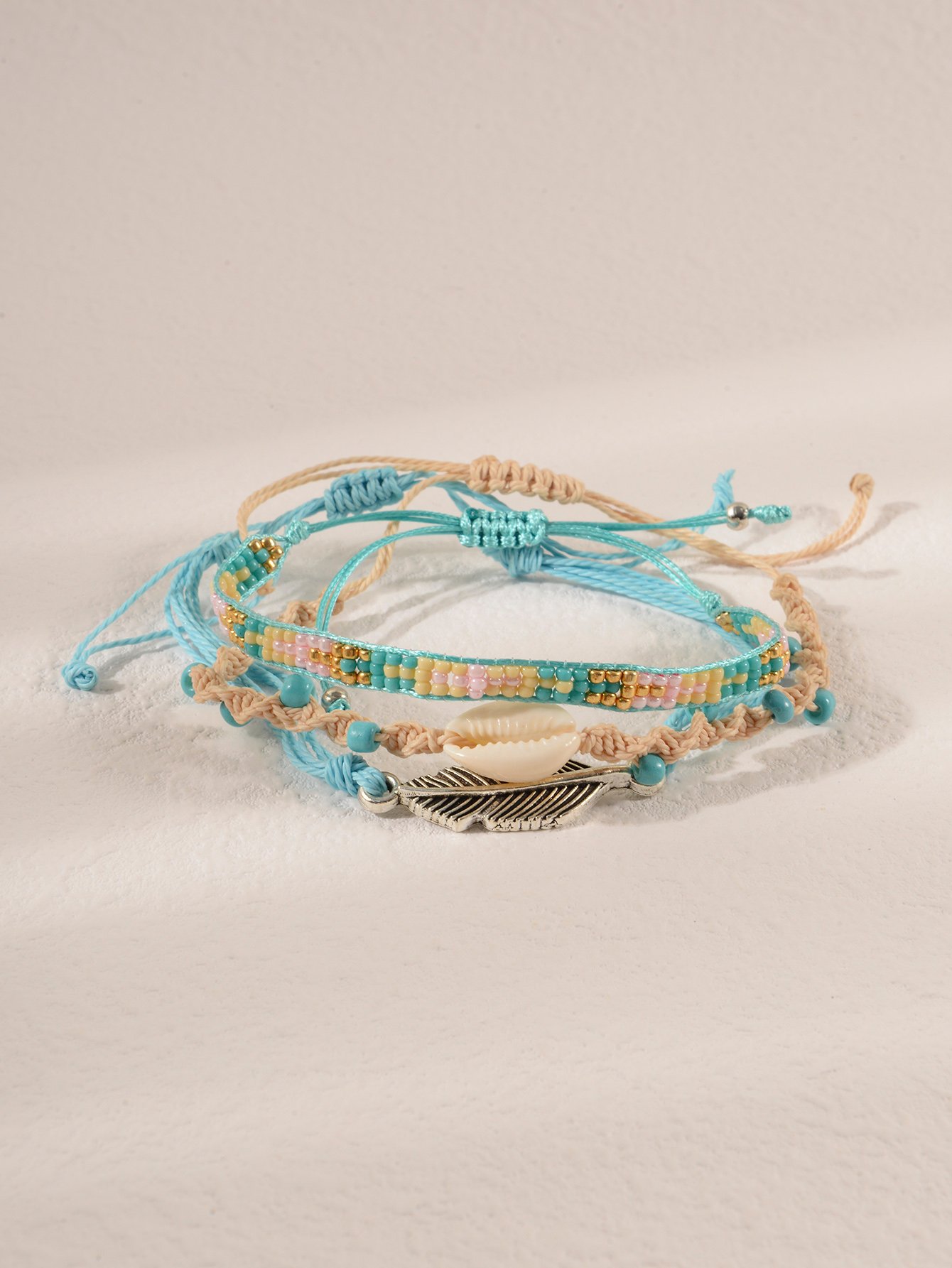 Pack of 3 - Feather and Shell Charms Woven Bracelets