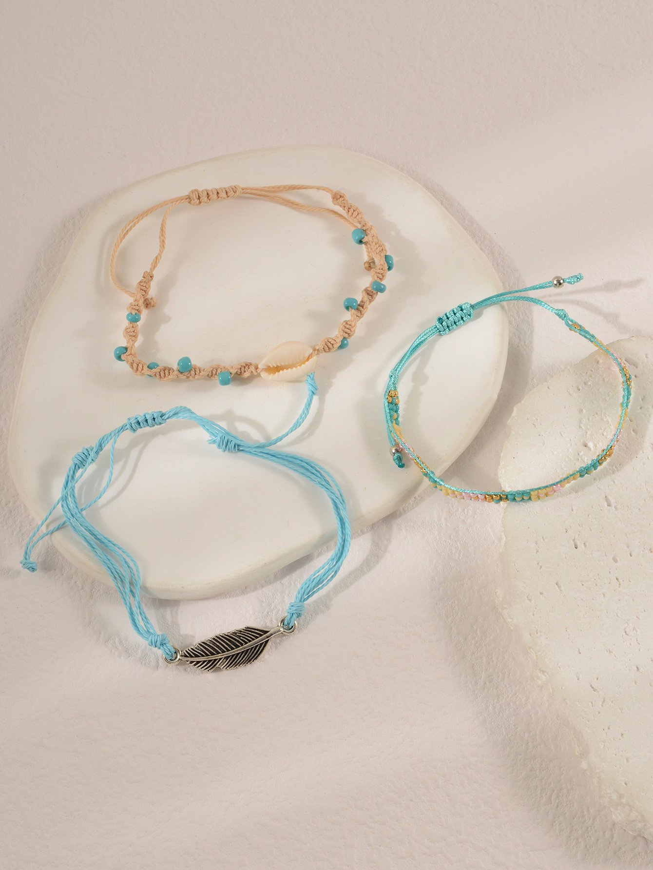 Pack of 3 - Feather and Shell Charms Woven Bracelets