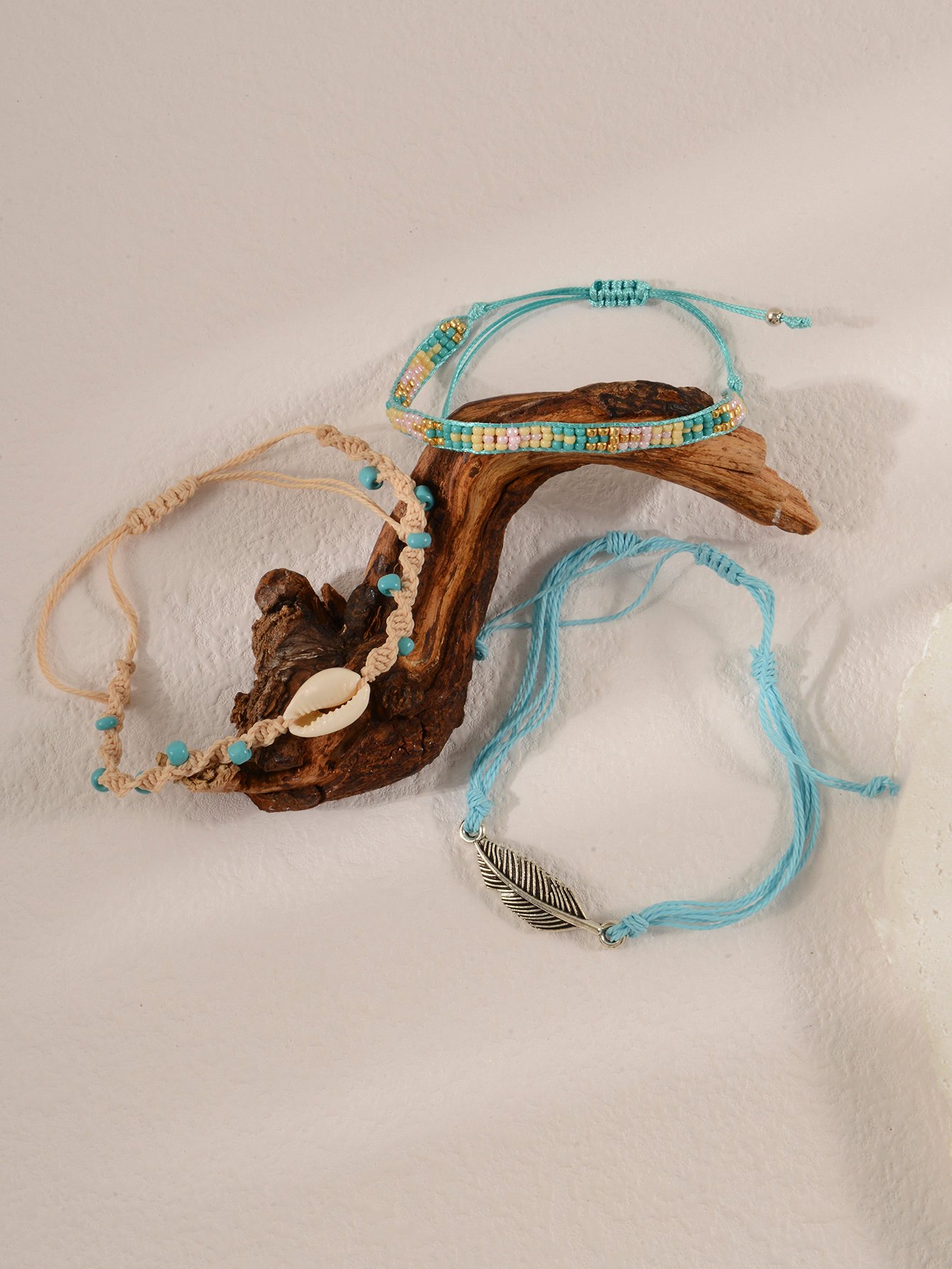 Pack of 3 - Feather and Shell Charms Woven Bracelets