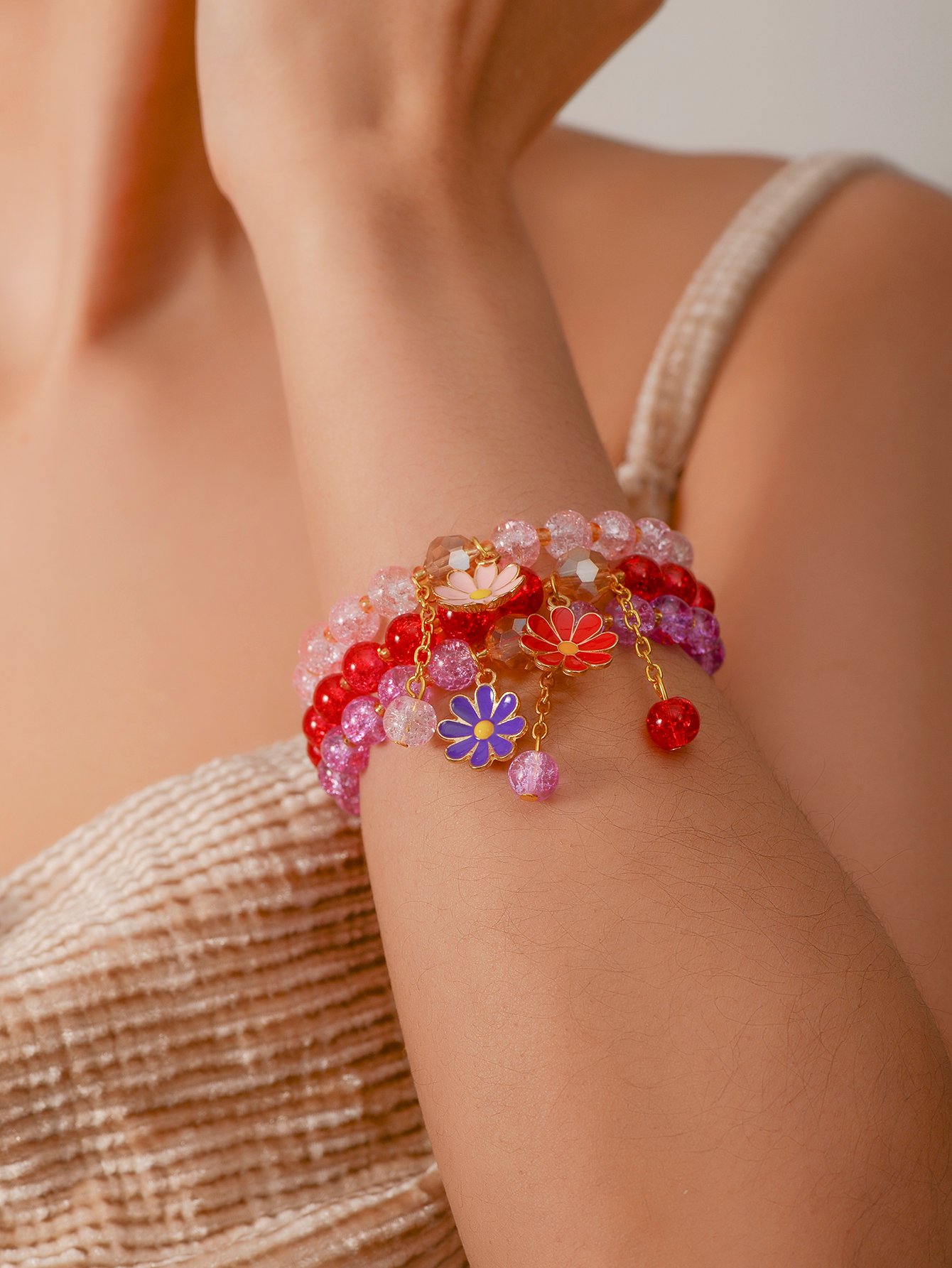 Pack of 3 - Multi-Color Floral Charm Beaded Bracelets