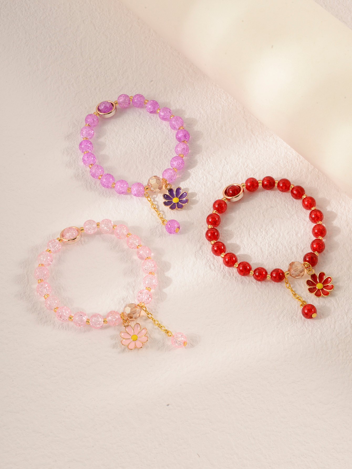 Pack of 3 - Multi-Color Floral Charm Beaded Bracelets