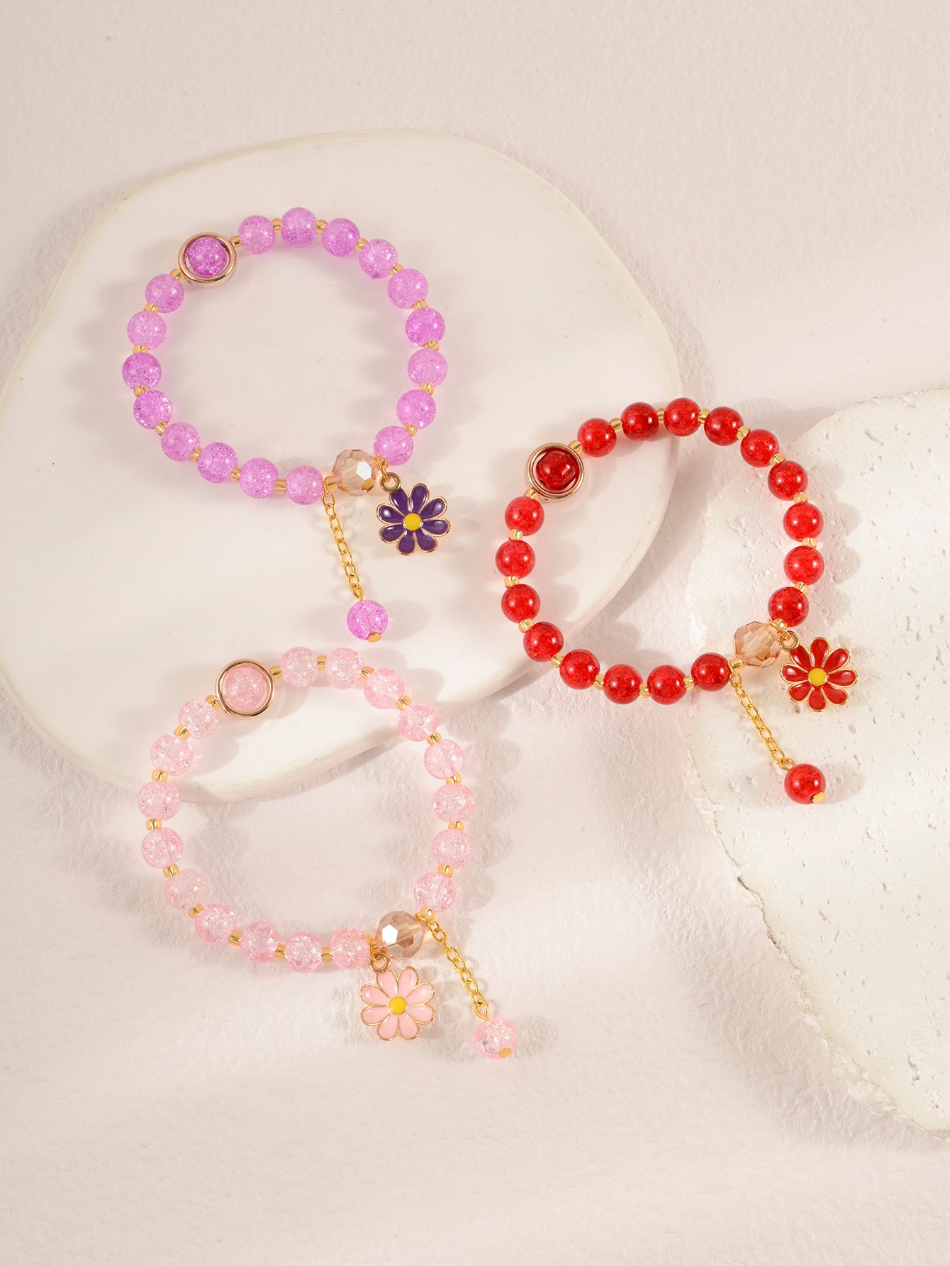 Pack of 3 - Multi-Color Floral Charm Beaded Bracelets