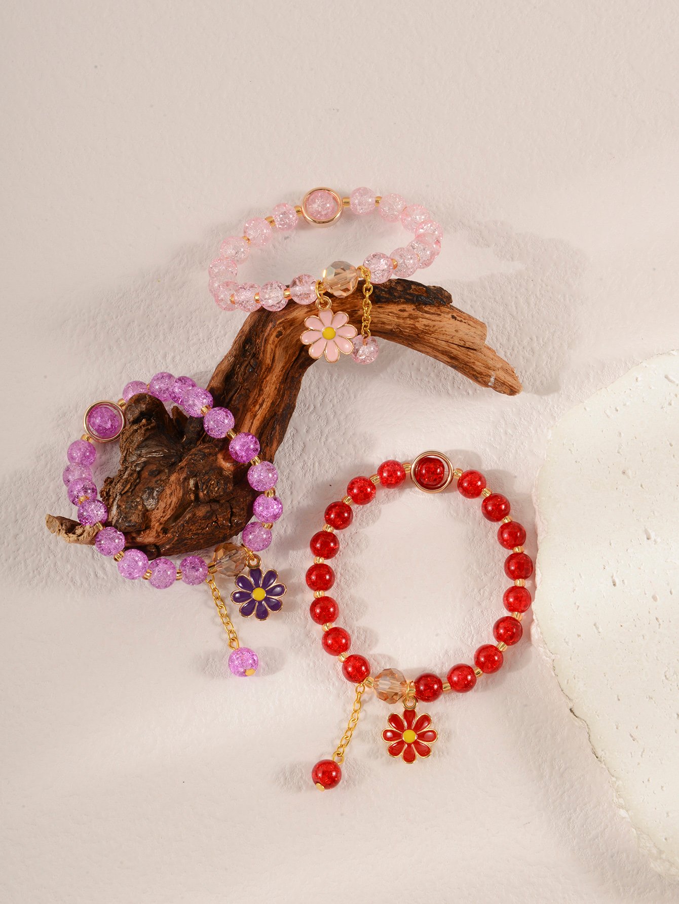 Pack of 3 - Multi-Color Floral Charm Beaded Bracelets