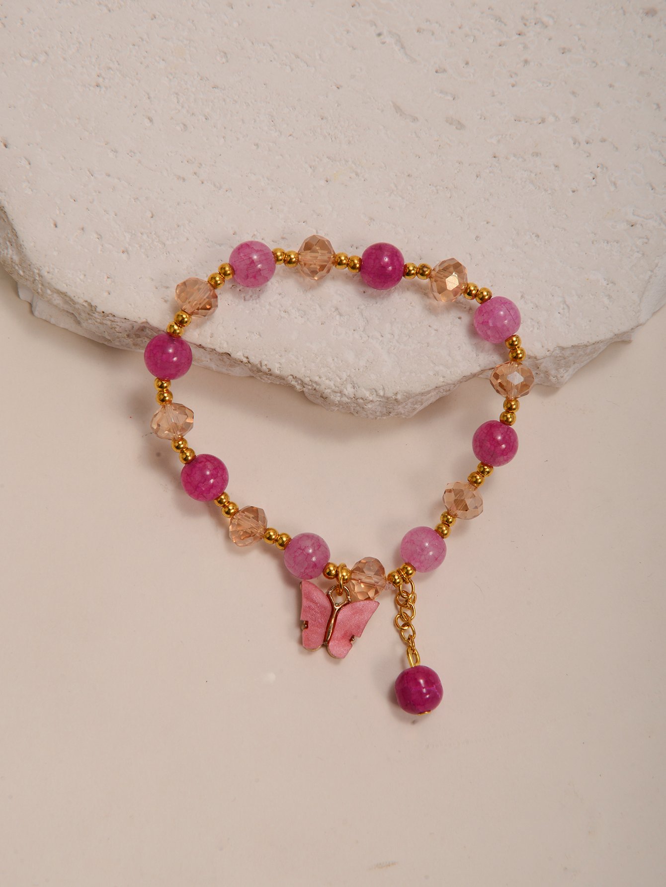 Pink Butterfly Charm Beaded Bracelet
