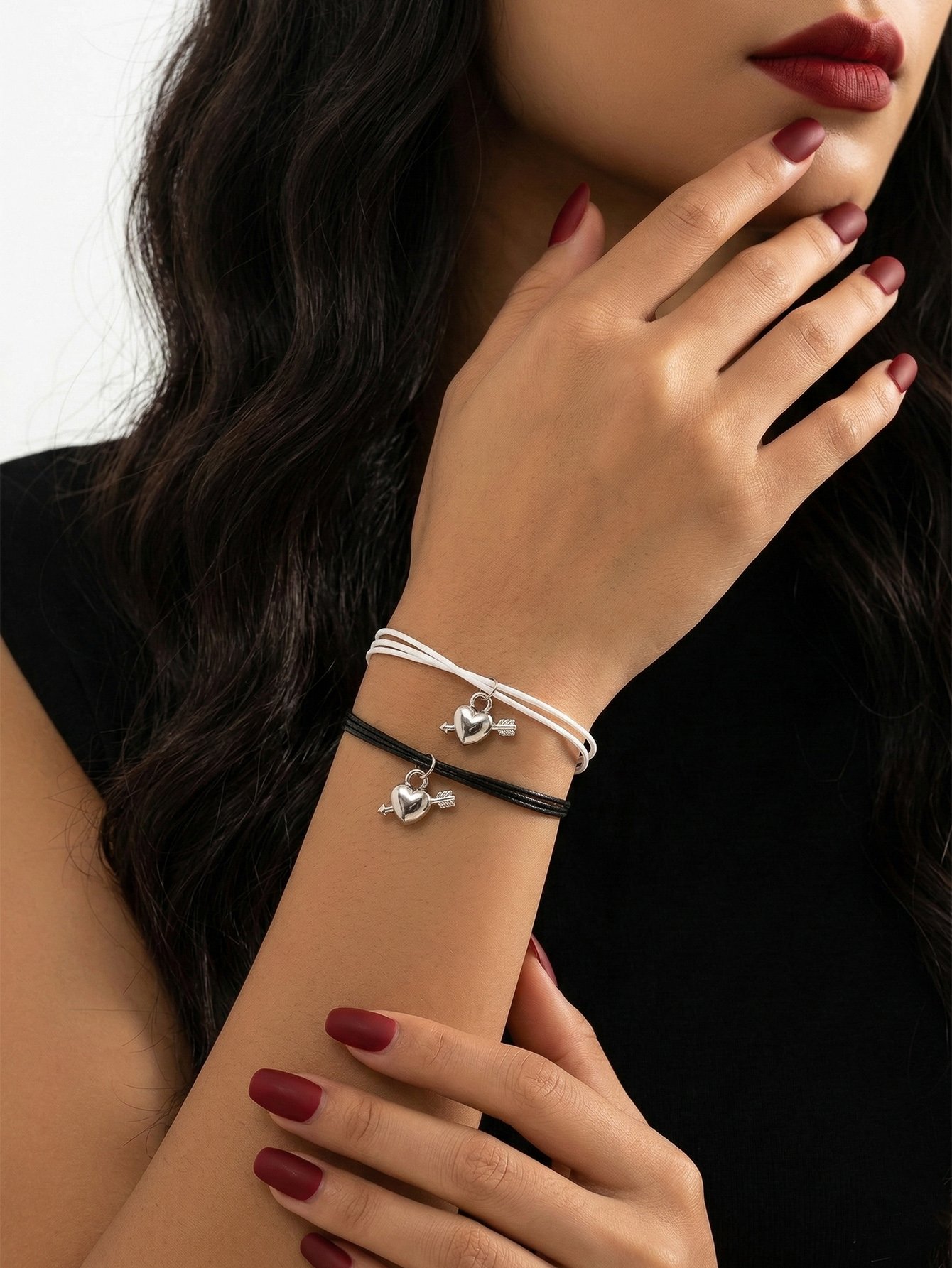 Pack of 2 - Black and White Heart and Arrow Charms Bracelets