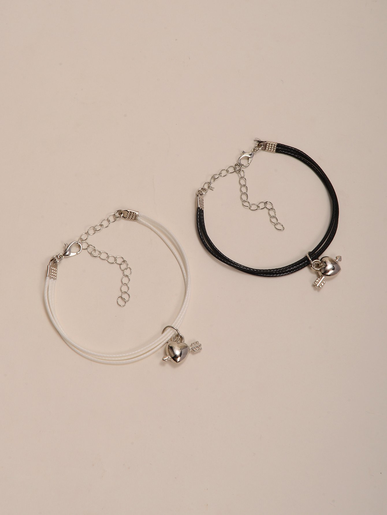 Pack of 2 - Black and White Heart and Arrow Charms Bracelets