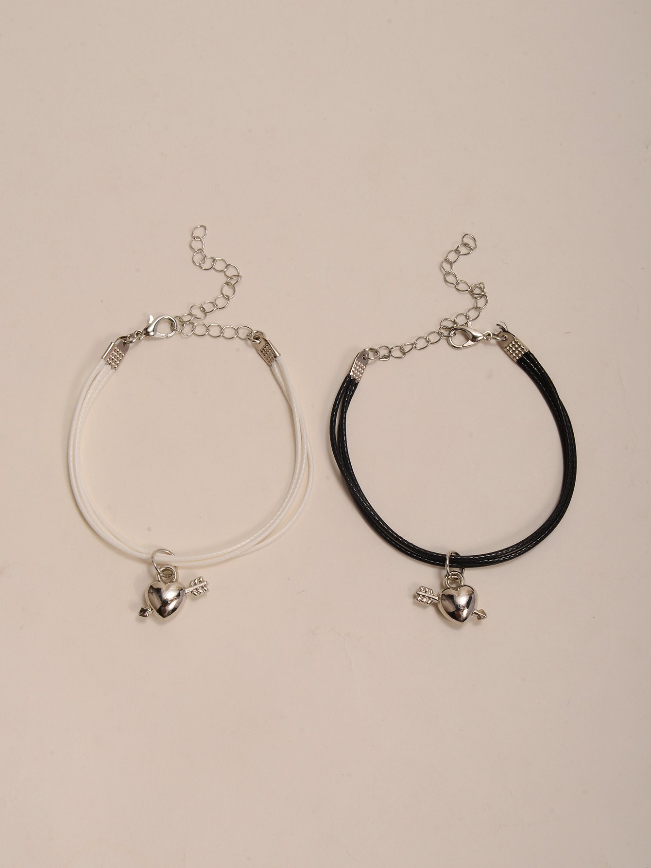 Pack of 2 - Black and White Heart and Arrow Charms Bracelets