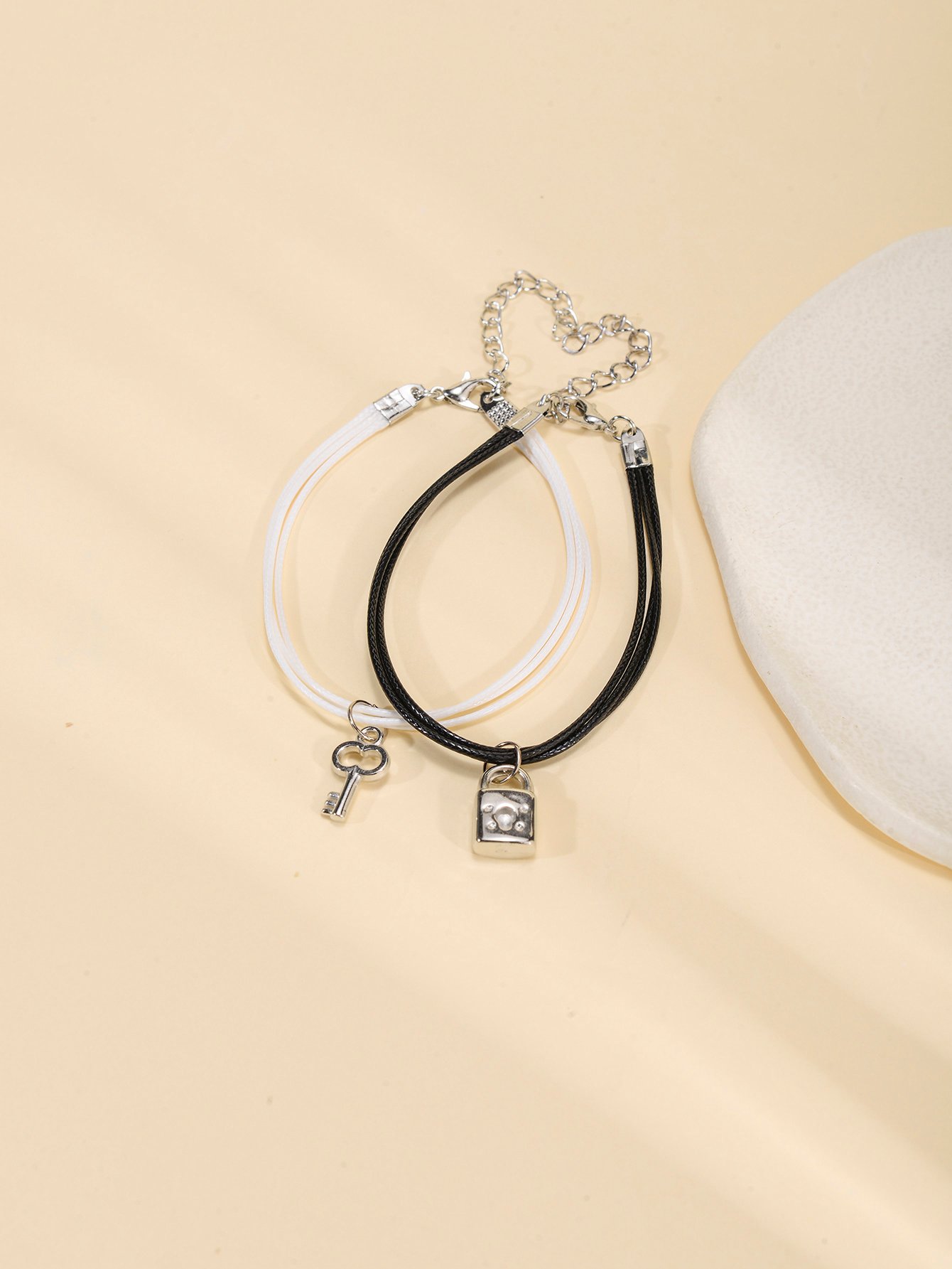 Pack of 2 - Black and White key and Lock Charms Bracelets