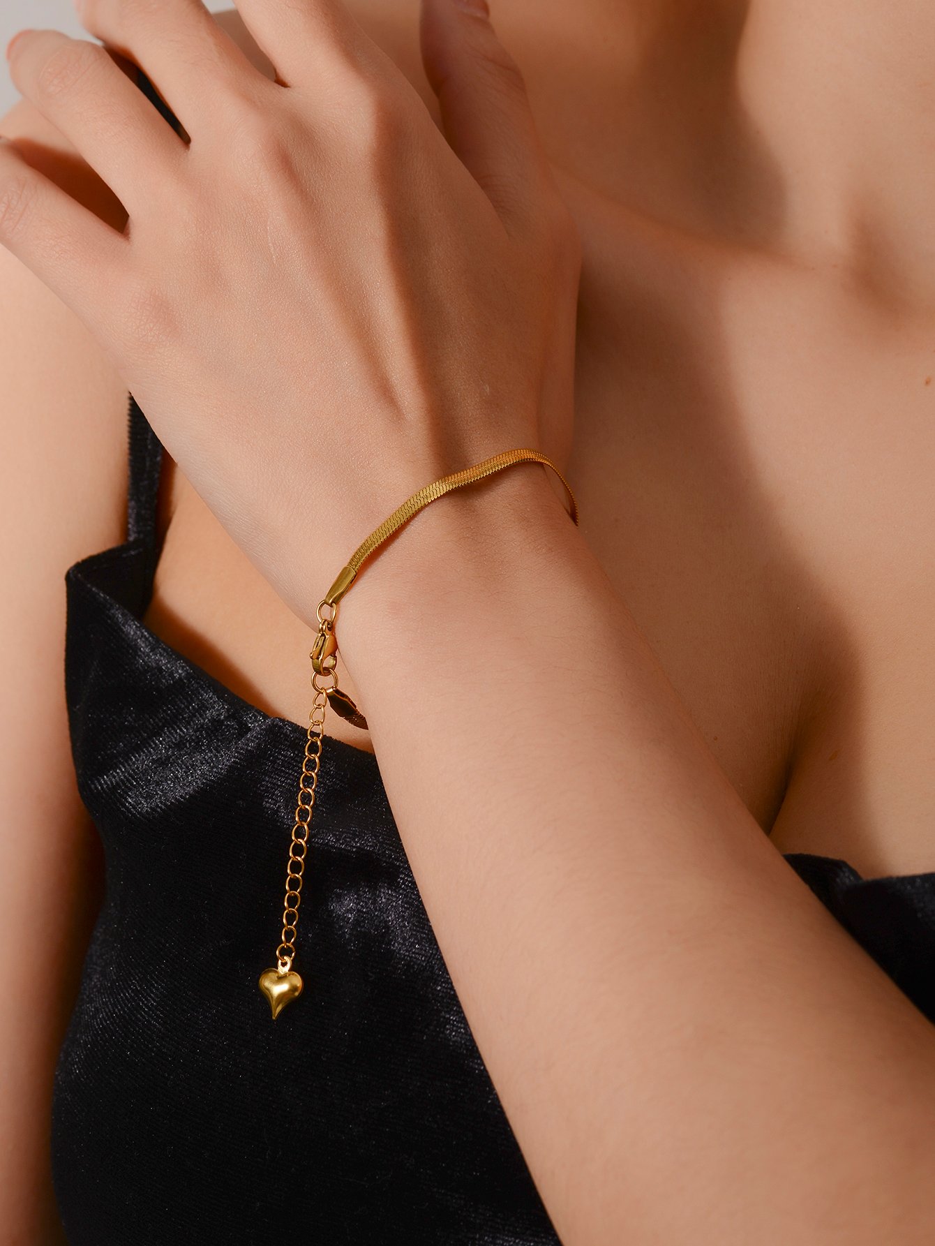 Gold Tone Flat Snake Chain Bracelet with Heart Charm