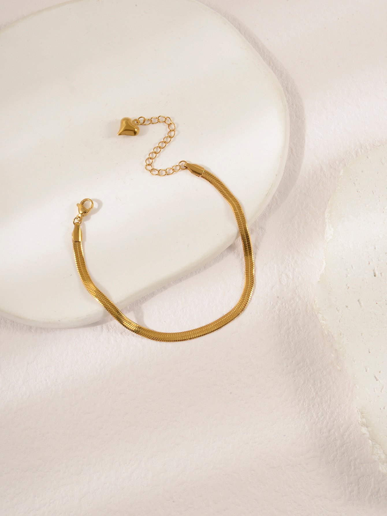 Gold Tone Flat Snake Chain Bracelet with Heart Charm