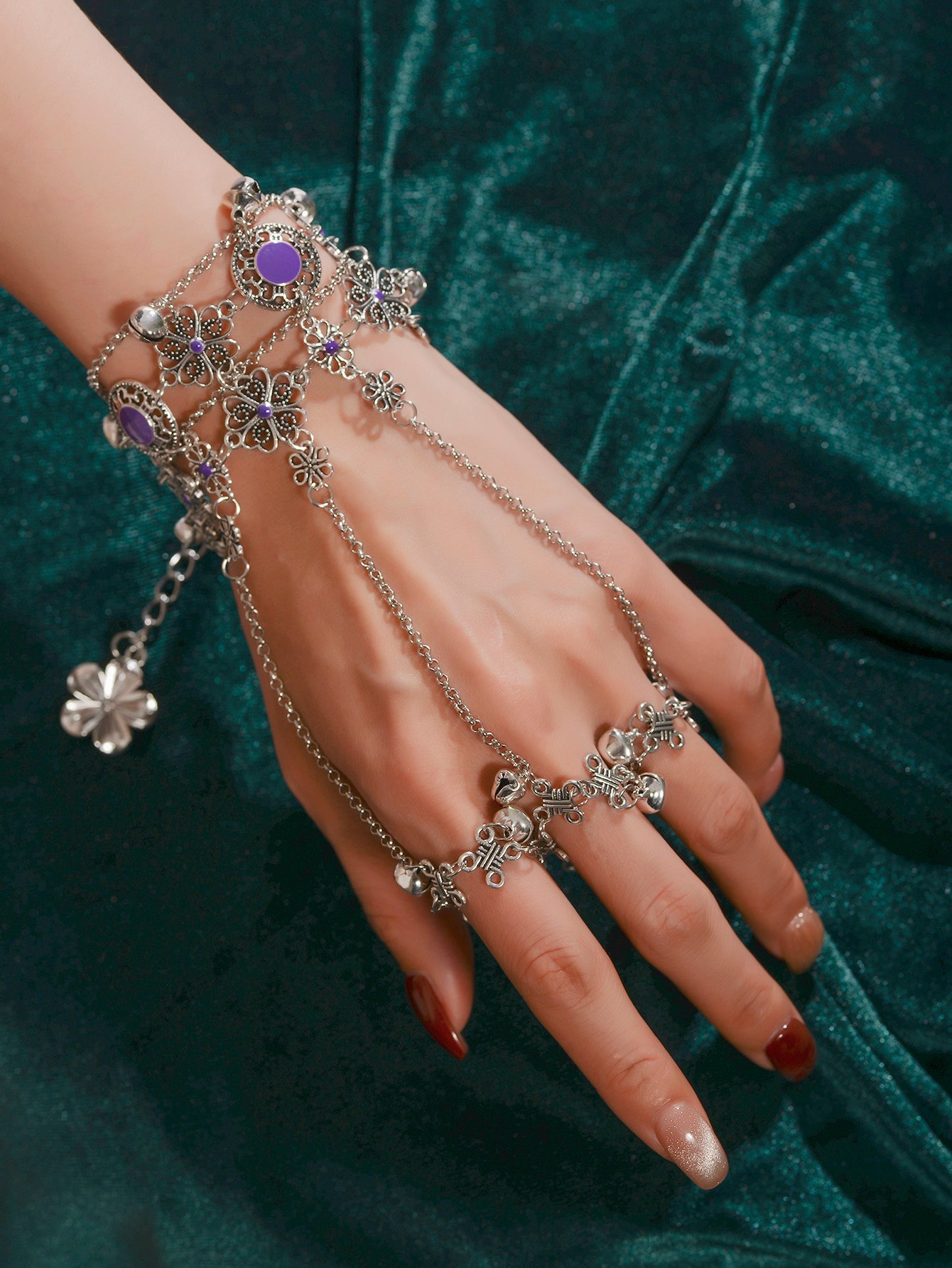 Silver Tone Purple Floral Accents and Bells Hand Chain Bracelet