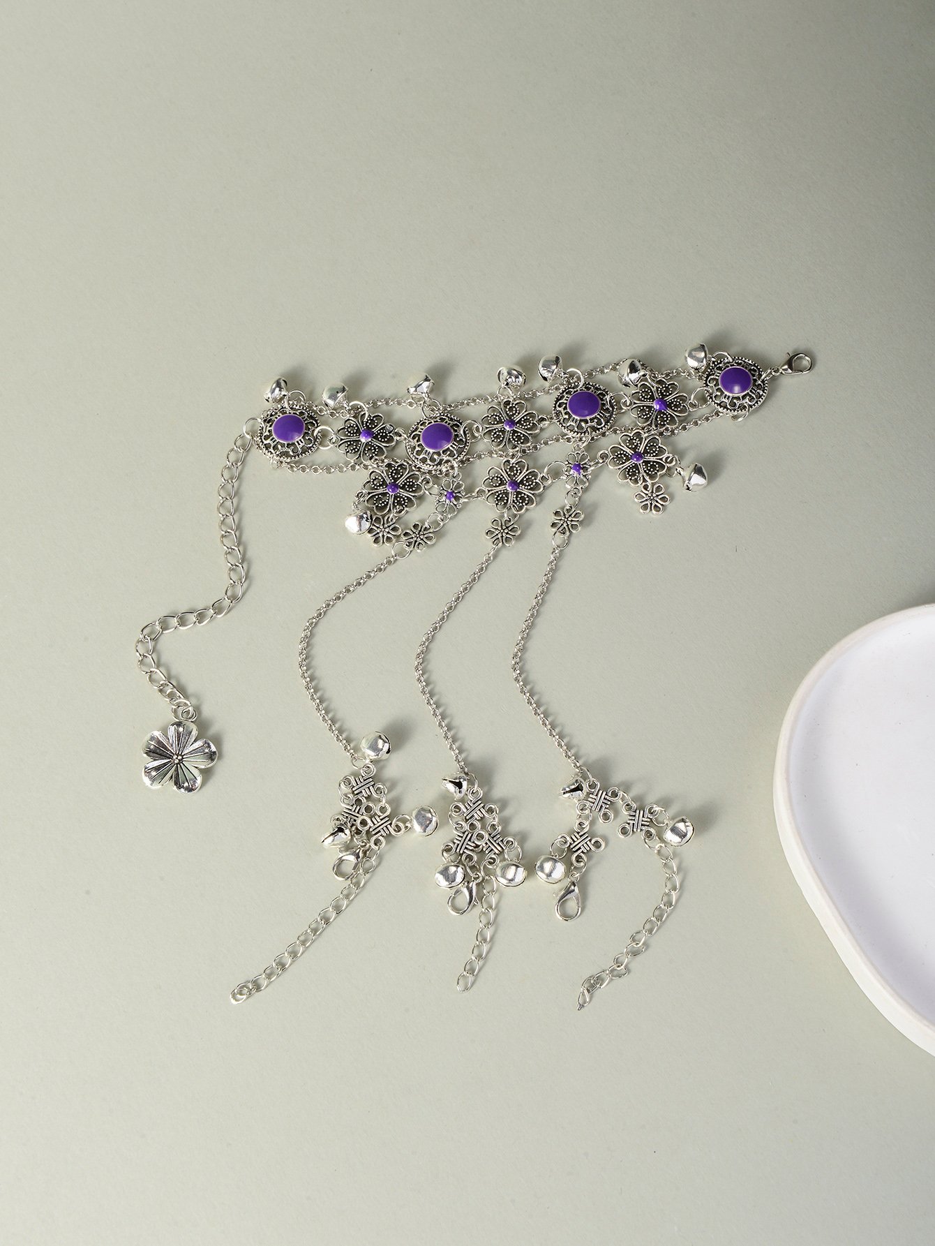 Silver Tone Purple Floral Accents and Bells Hand Chain Bracelet