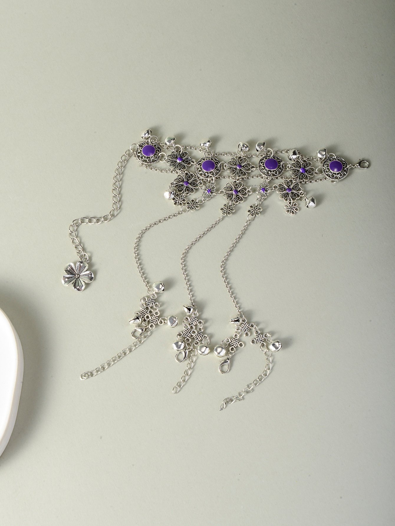 Silver Tone Purple Floral Accents and Bells Hand Chain Bracelet