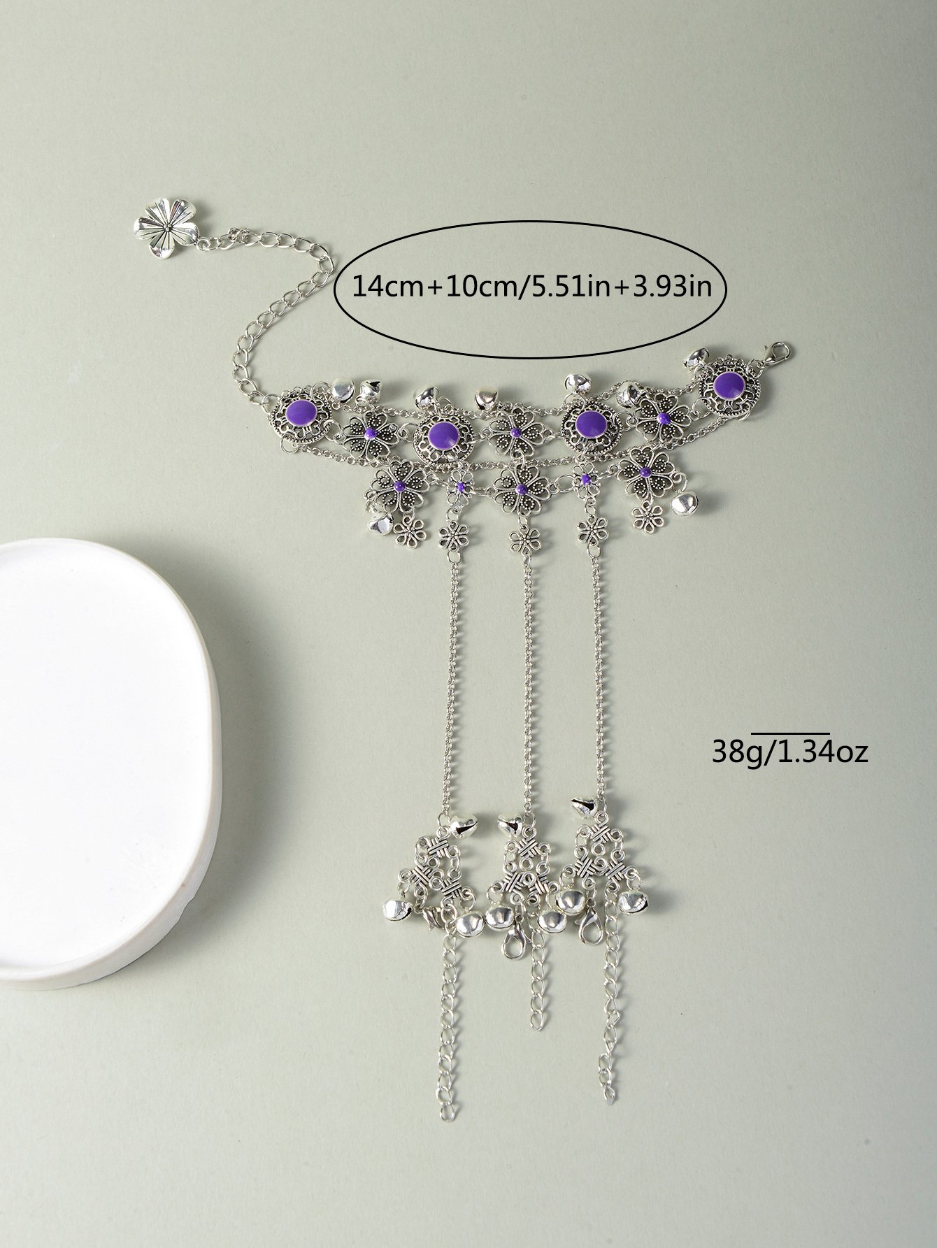 Silver Tone Purple Floral Accents and Bells Hand Chain Bracelet