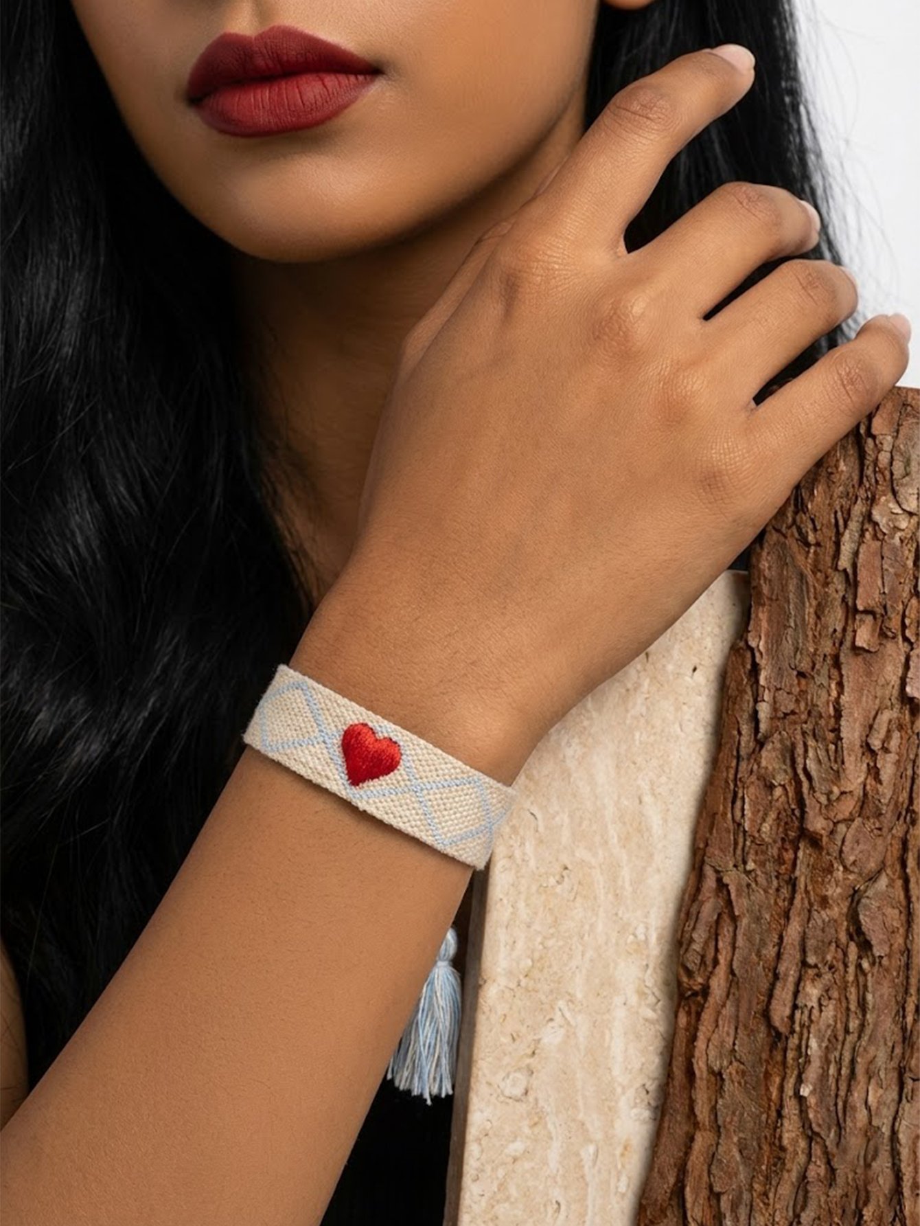 Multi-Color Heart Embroidered Woven Bracelet