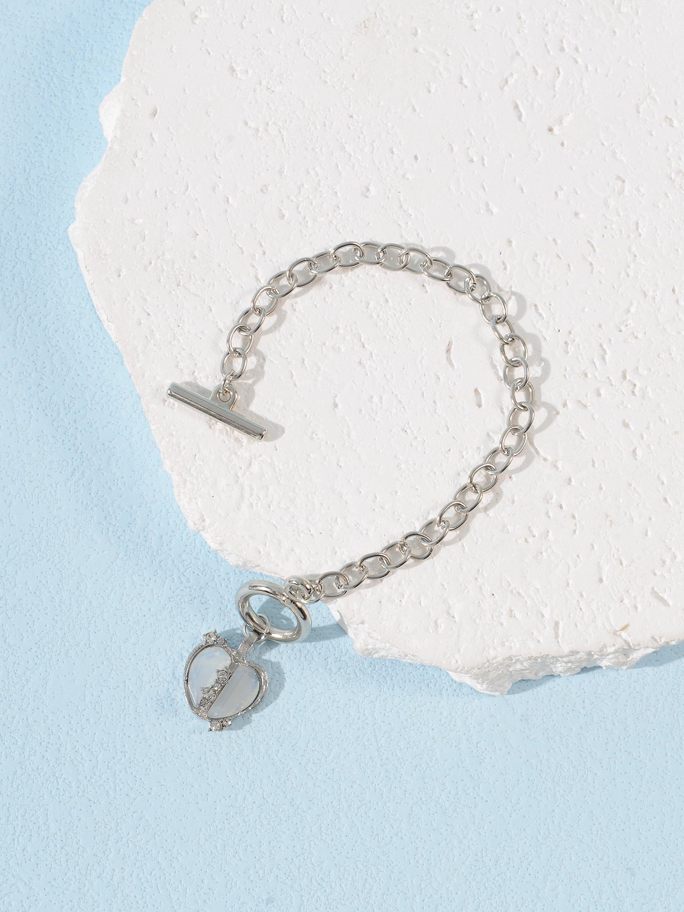 Silver Tone Heart Charm link Bracelet