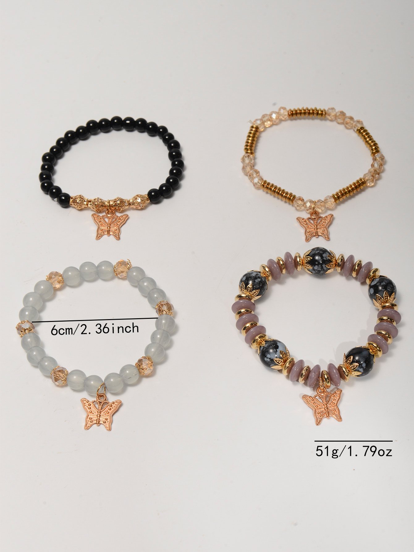 Pack of 4 - Multi-Color Beaded Bracelets with Butterfly Charms