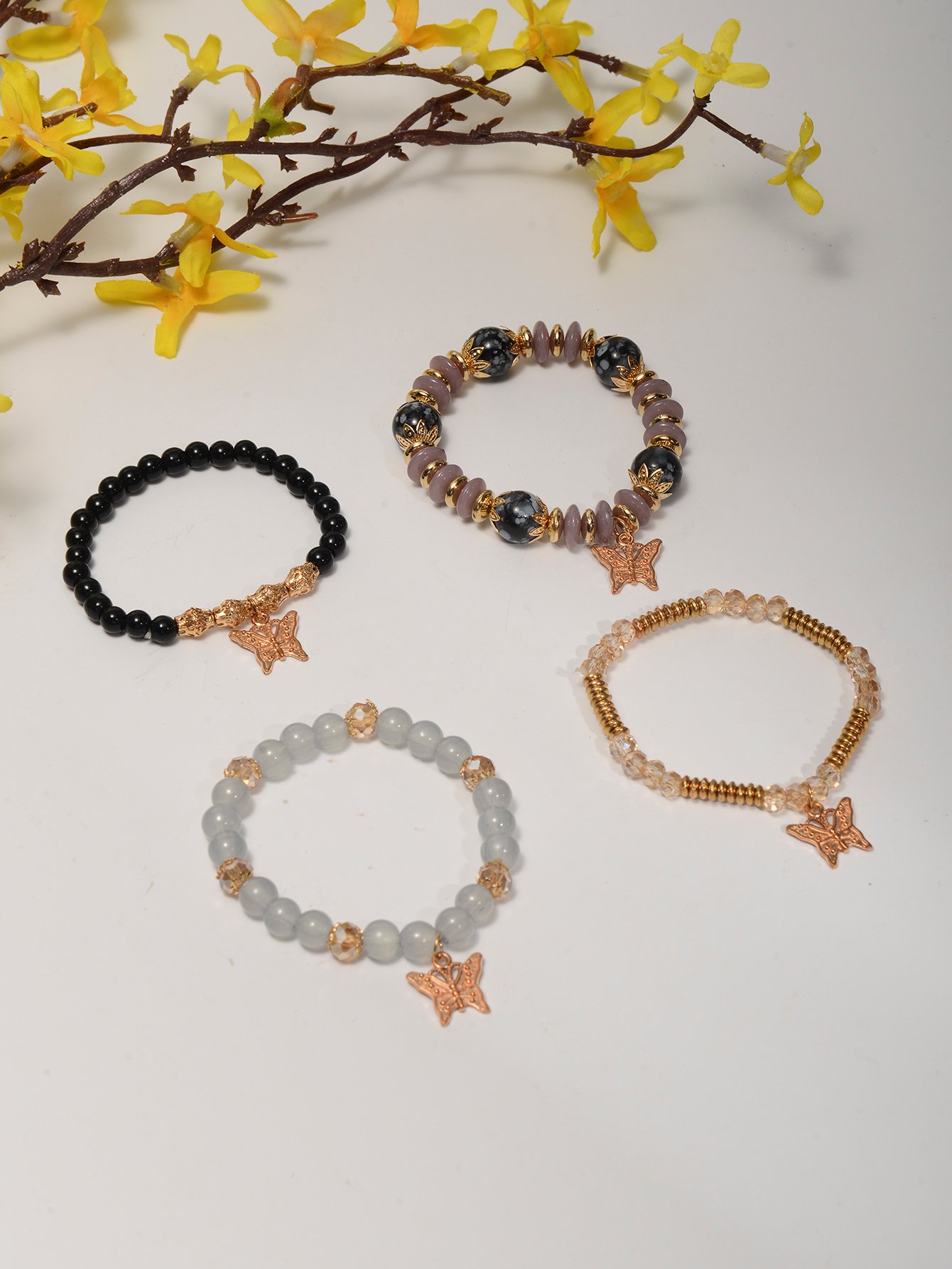 Pack of 4 - Multi-Color Beaded Bracelets with Butterfly Charms