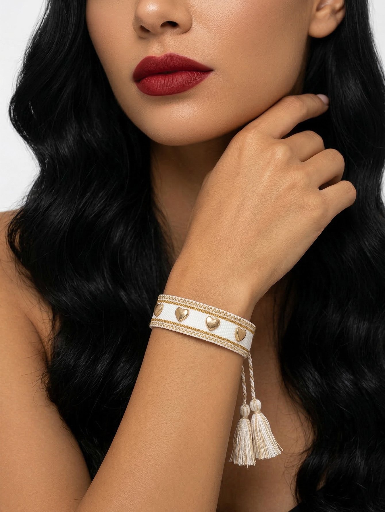 White and Gold Heart Embellished Woven Bracelet