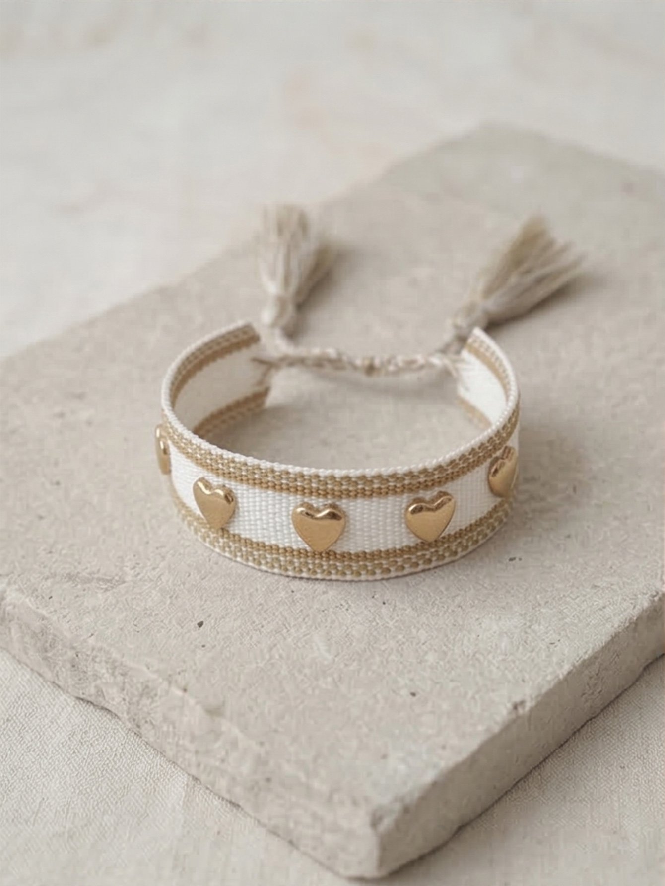 White and Gold Heart Embellished Woven Bracelet