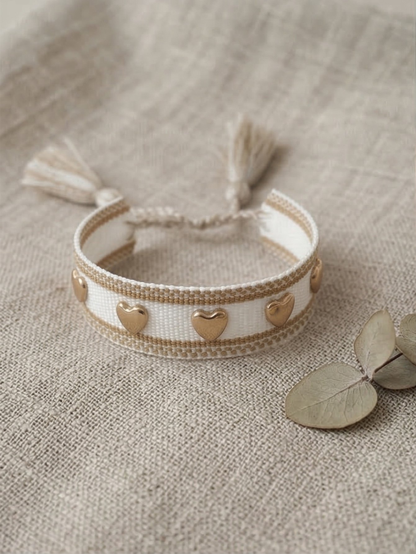 White and Gold Heart Embellished Woven Bracelet