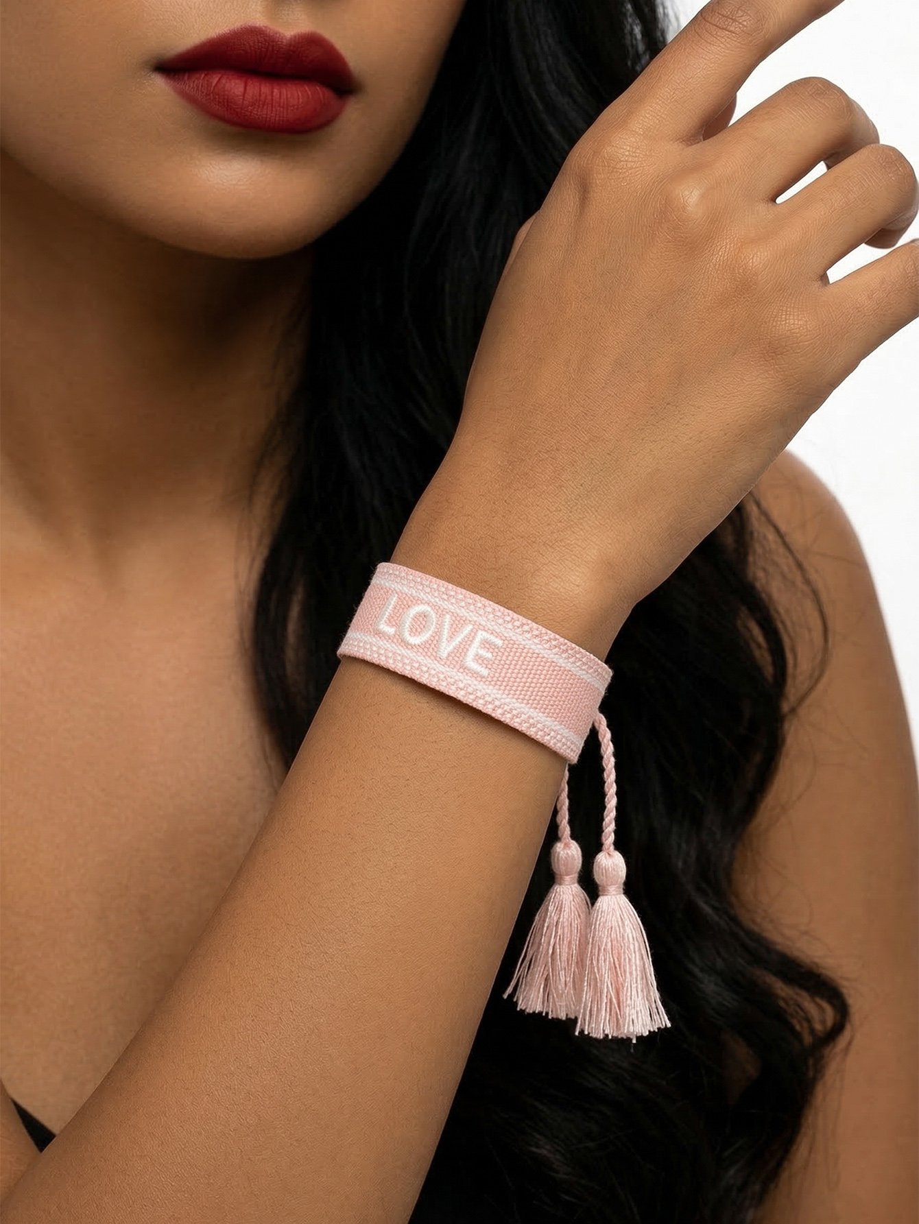 Pink Embroidered Woven Bracelet with Tassel Charm