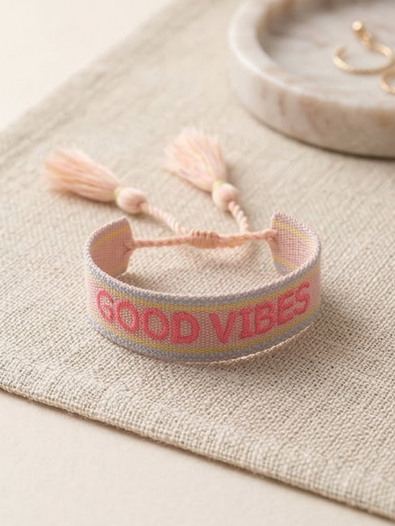 Multi-Color Embroidered Woven Bracelet with Tassel Charm