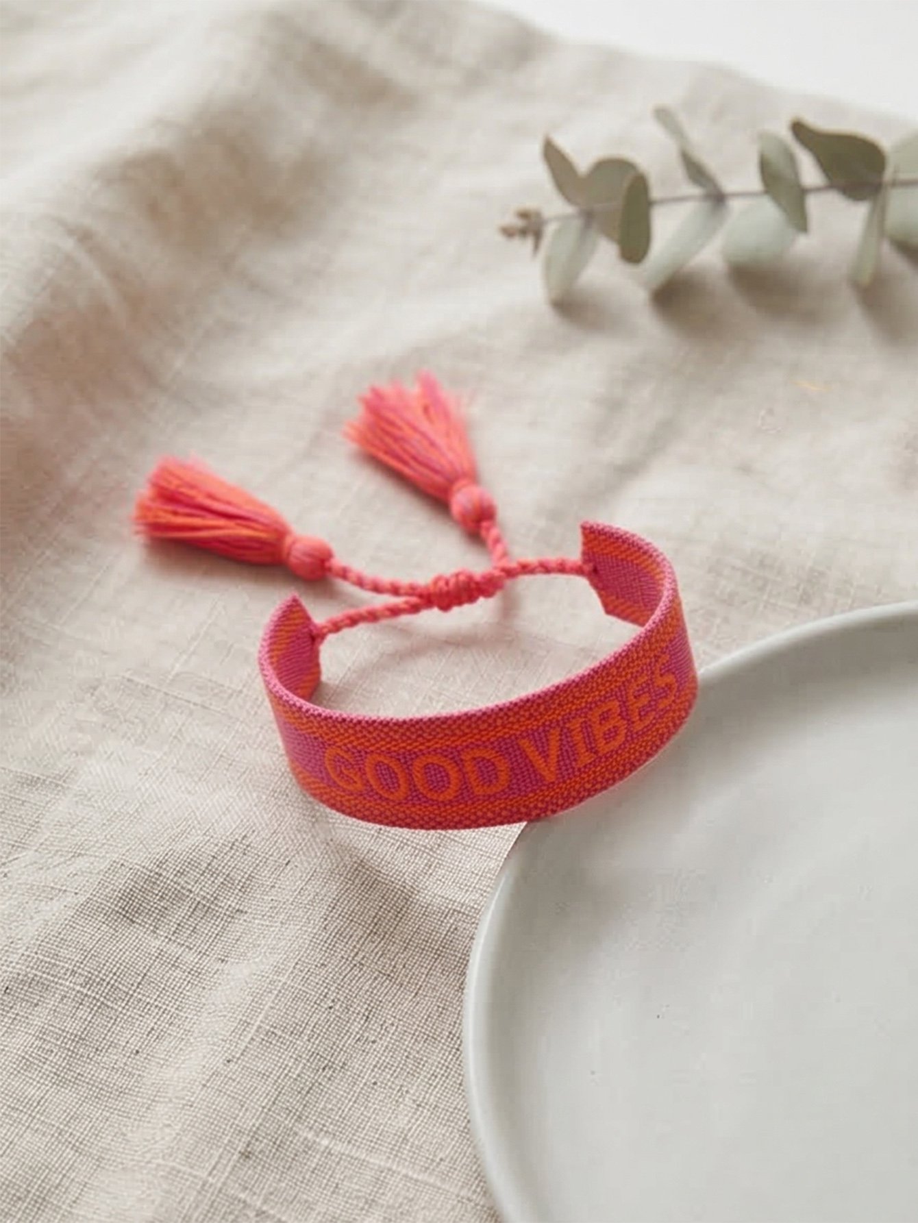 Multi-Color Embroidered Woven Bracelet with Tassel Charm